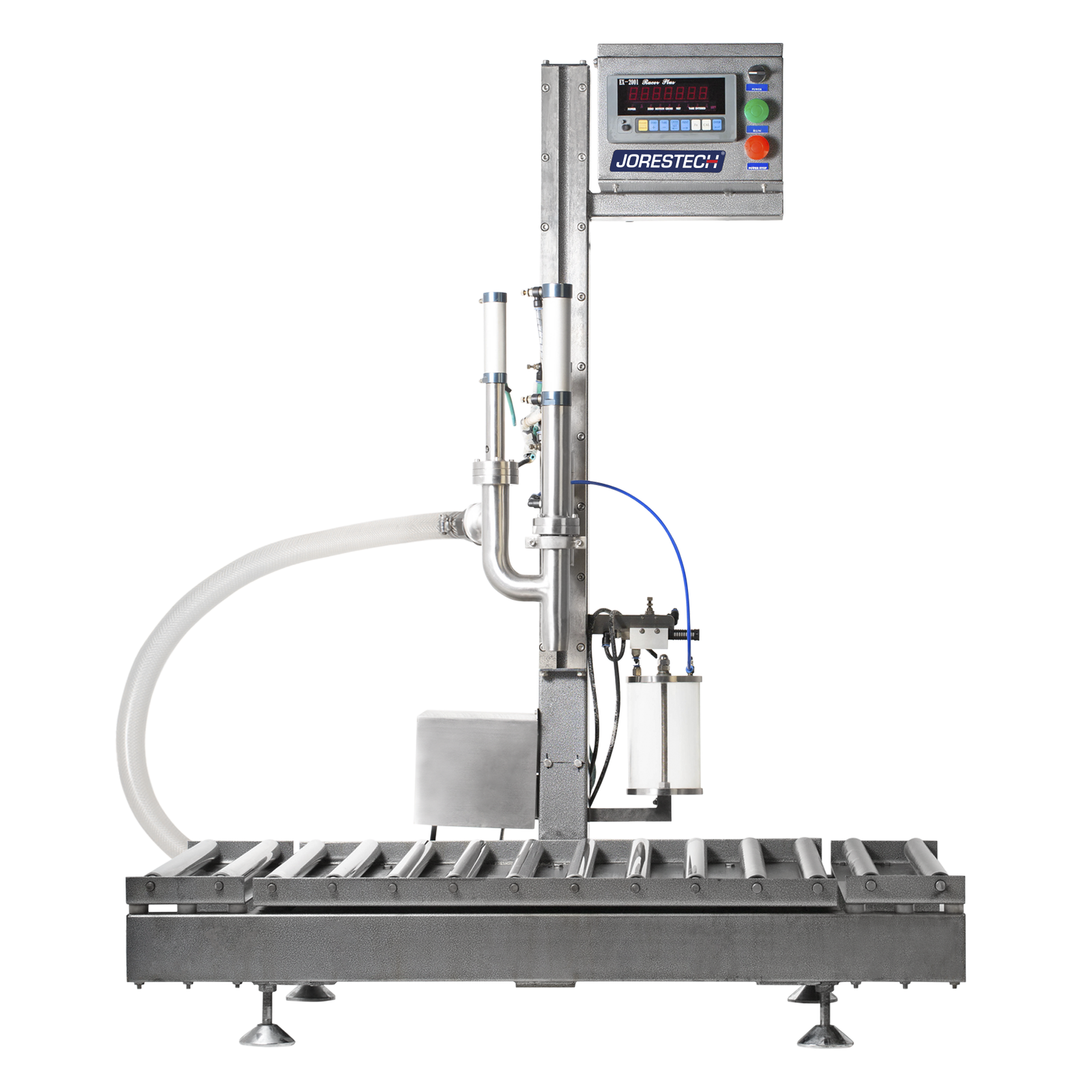 The JORES TECHNOLOGIES® net weight liquid filler with integrated conveyor shown in a frontal view over white background.