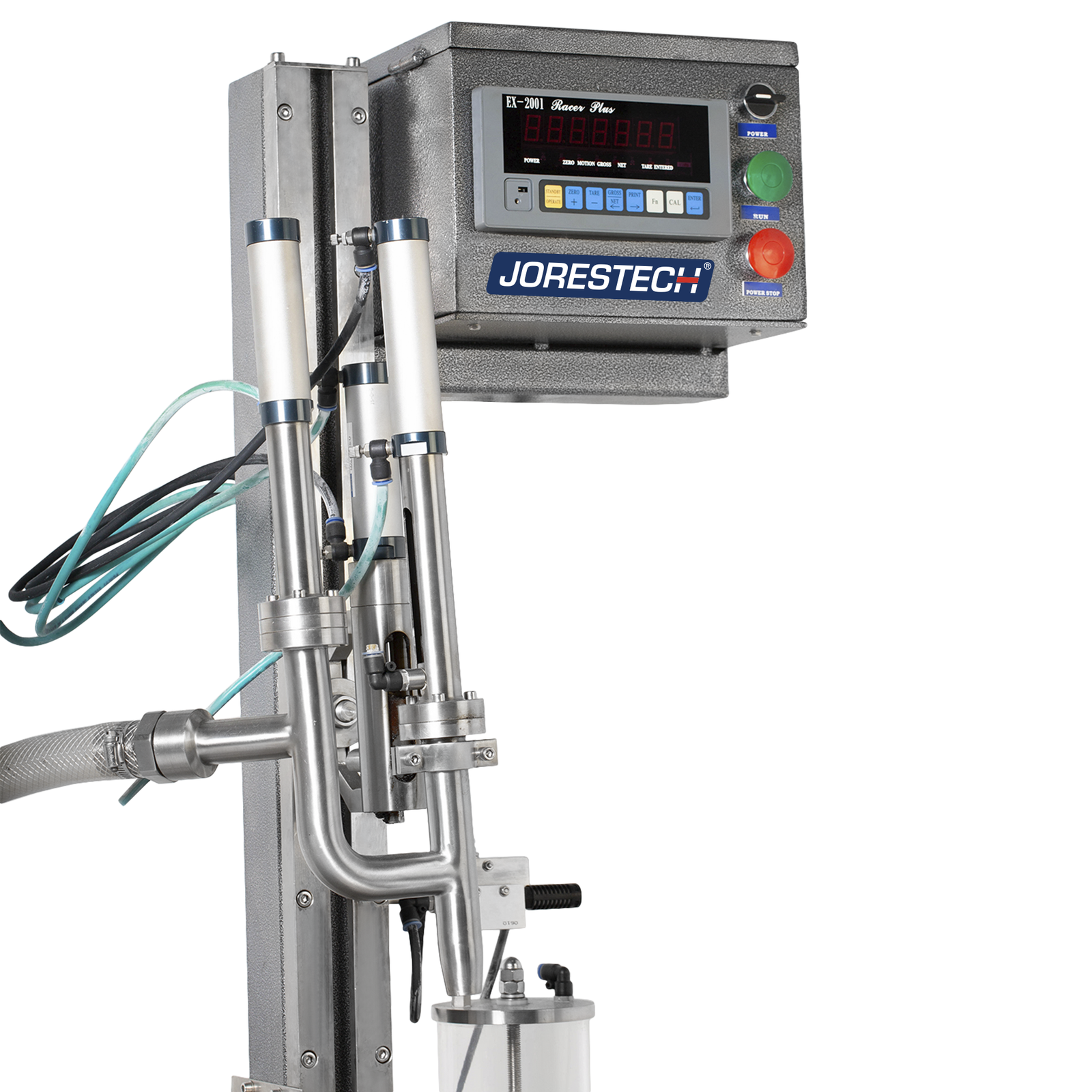 Closeup shows the digital control panel, the height adjustment vertical tower, compressed air hose system, and the liquid dispensing nozzle of the JORES TECHNOLOGIES® liquid net weight filler.