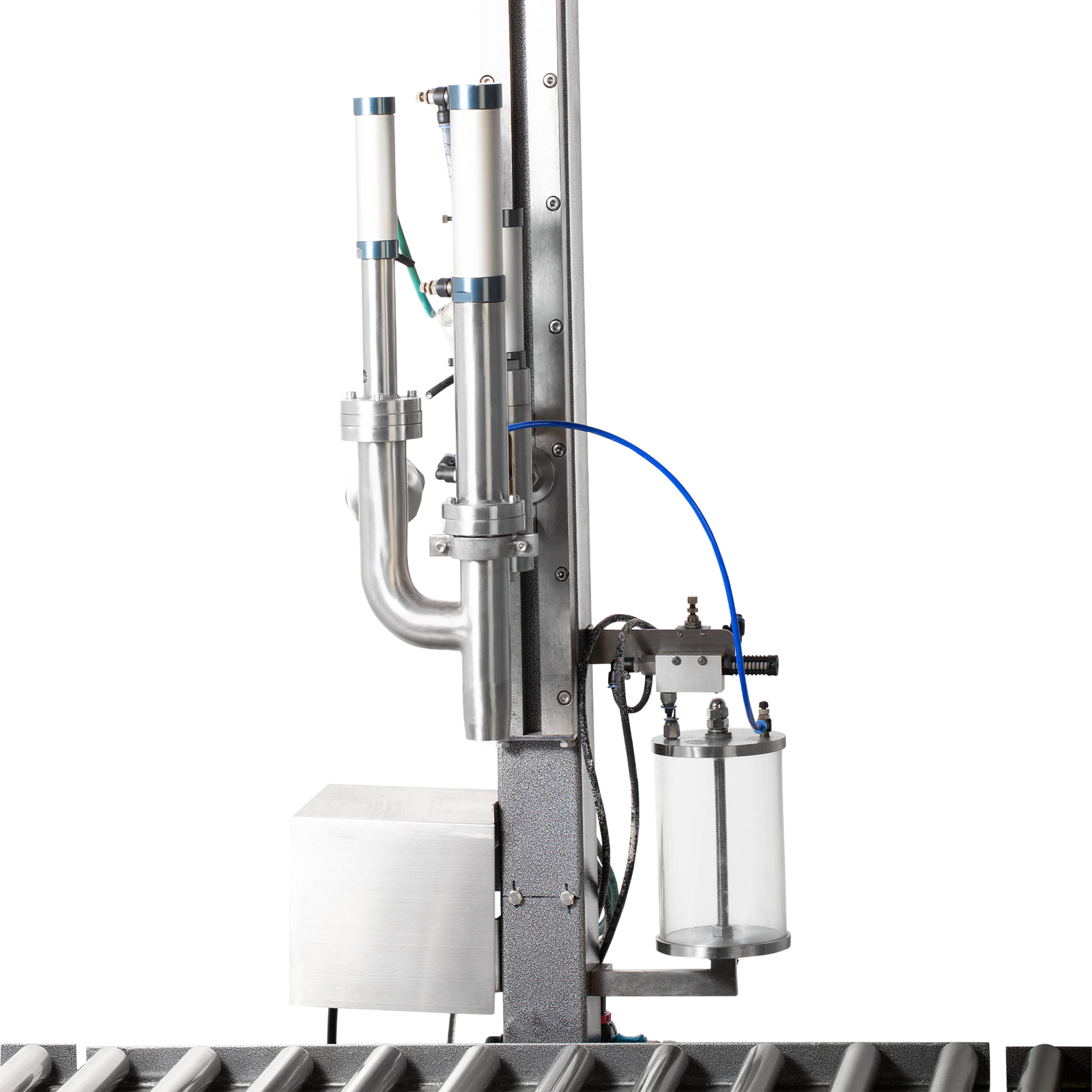  Closeup of the liquid net weight filler nozzle and the height adjustable tower.