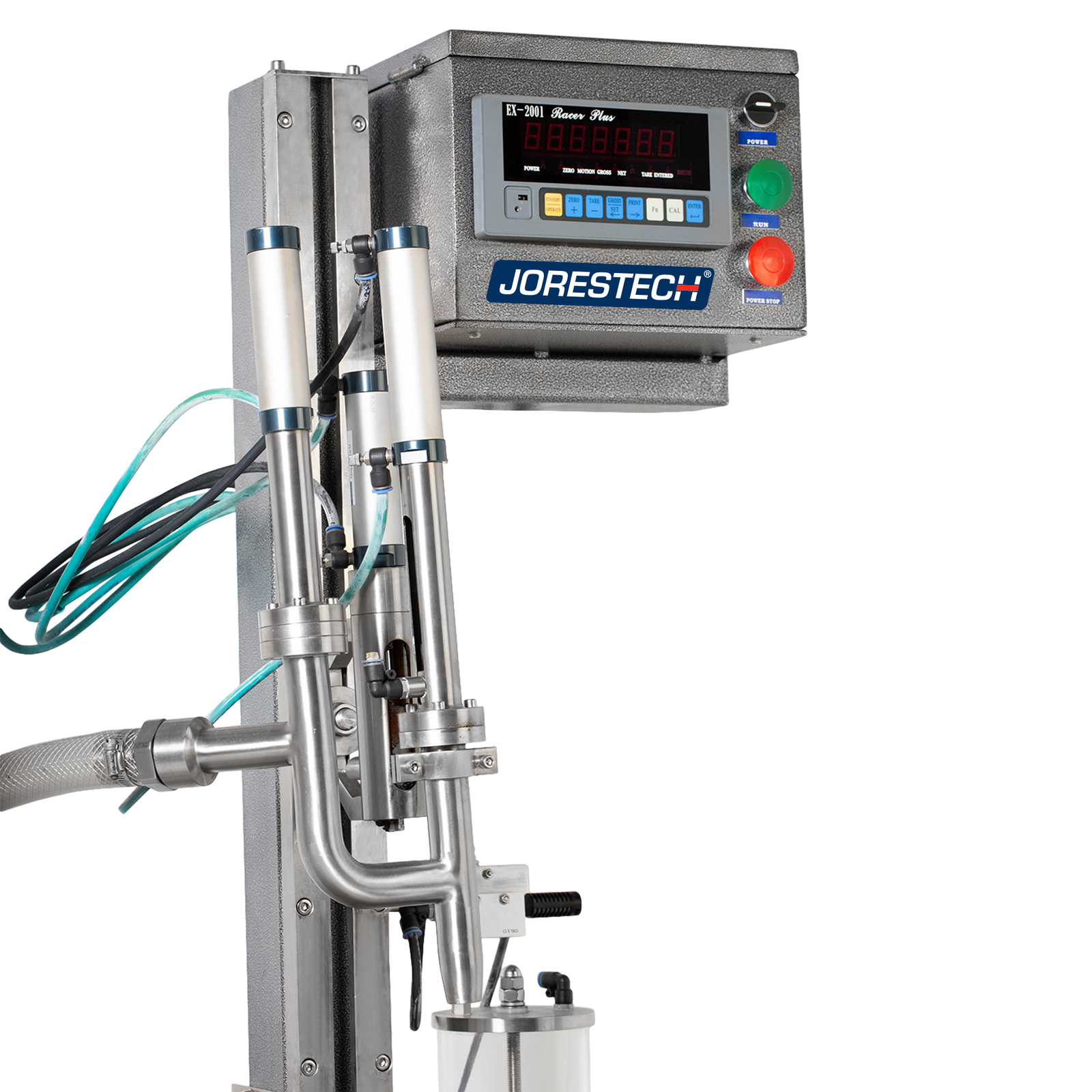 Closeup shows the digital control panel, the height adjustment vertical tower, compressed air hose system, and the liquid dispensing nozzle of the JORES TECHNOLOGIES® liquid net weight filler.