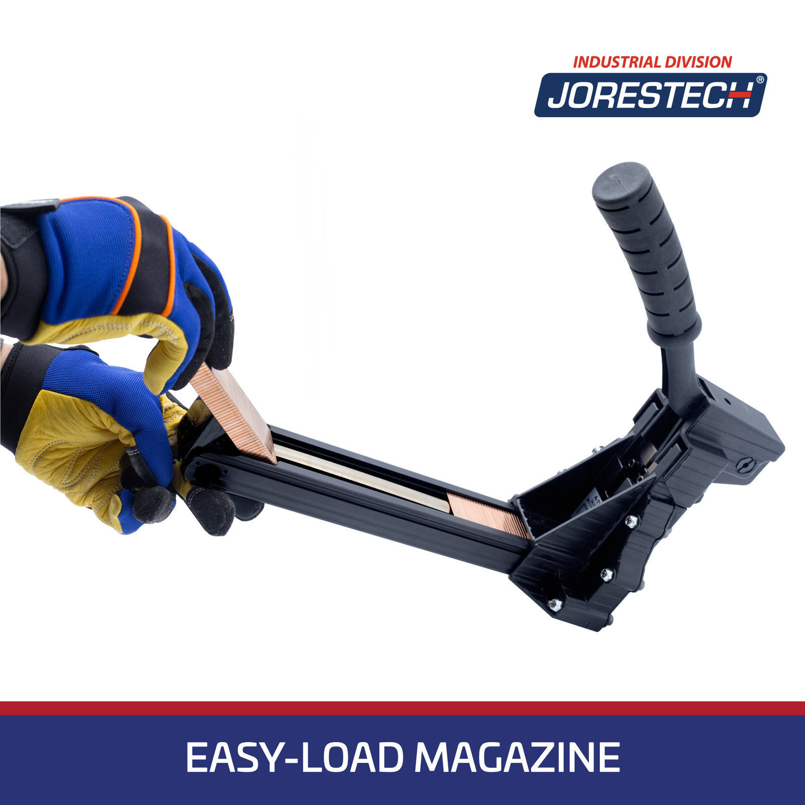 operator wearing blue gloves loading black manual carton stapler with copper colored staples. Blue/red banner reads: easy-load magazine and JORES TECHNOLOGIES® logo