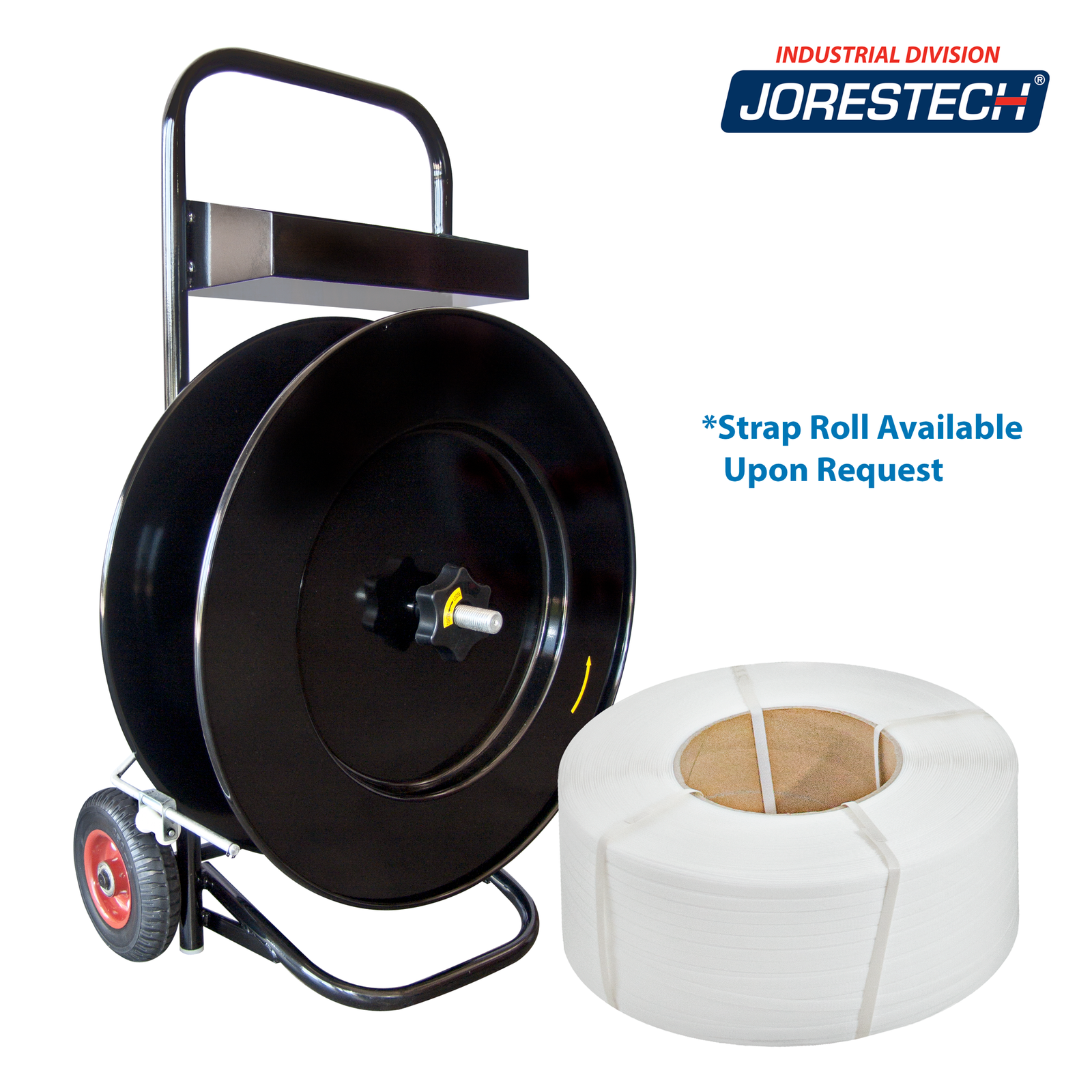 A black JORES TECHNOLOGIES® Manual Pallet Poly Strapping Cart with wheels and a roll of strap beside it. Text reads strap available upon request
