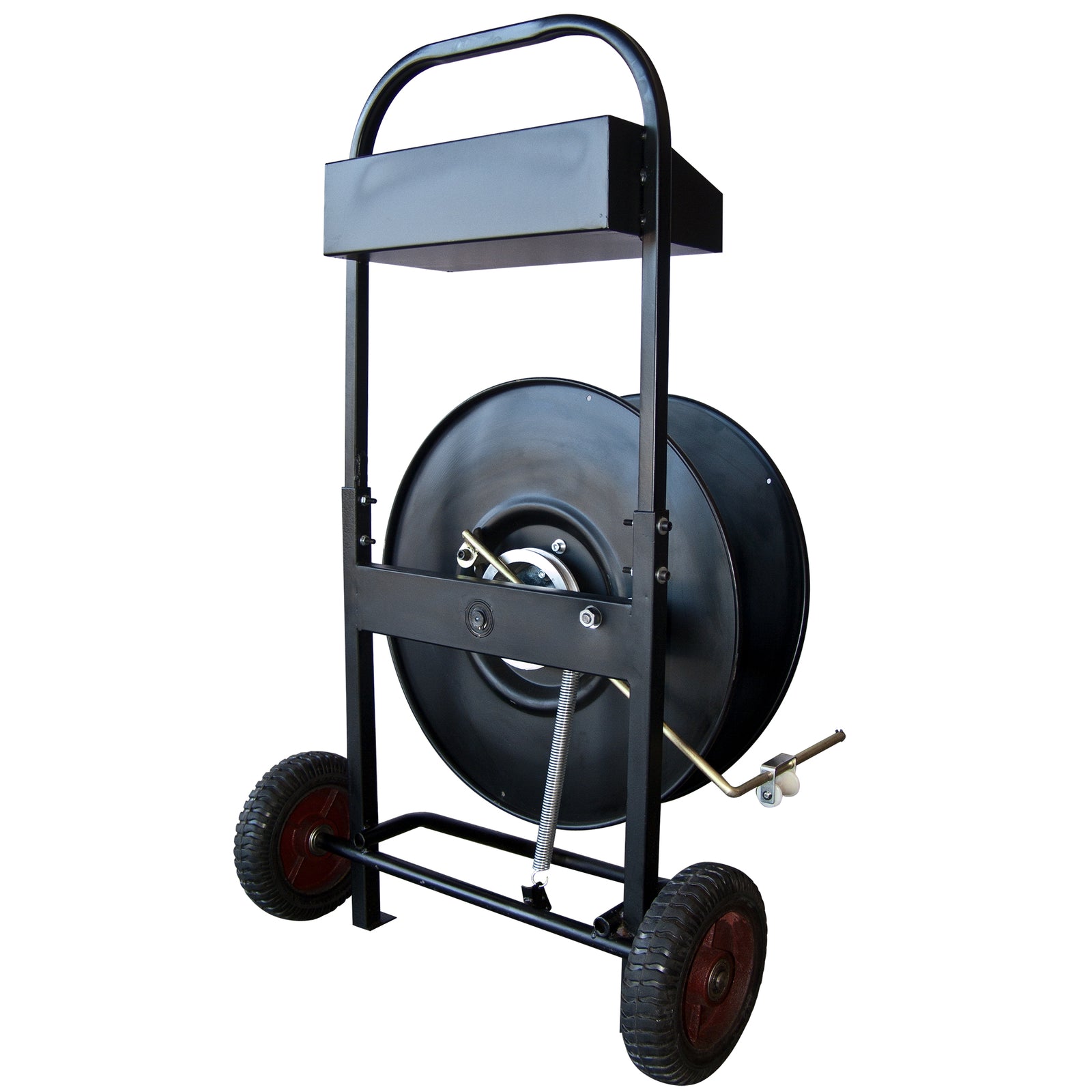 Back of the JORES TECHNOLOGIES® Manual Pallet Poly Strapping Metal Cart with 8 inch core dispenser and wheels 