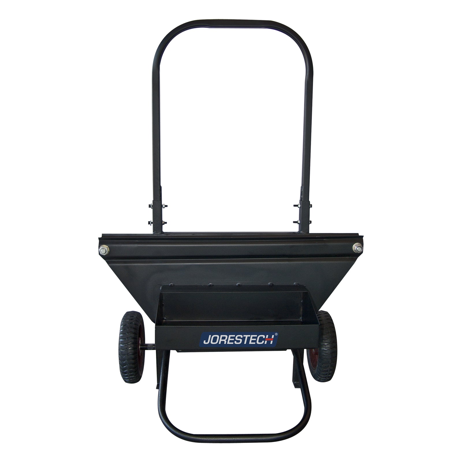 Front of a black JORES TECHNOLOGIES® manual pallet steel strapping cart dispenser strap steel with wheels