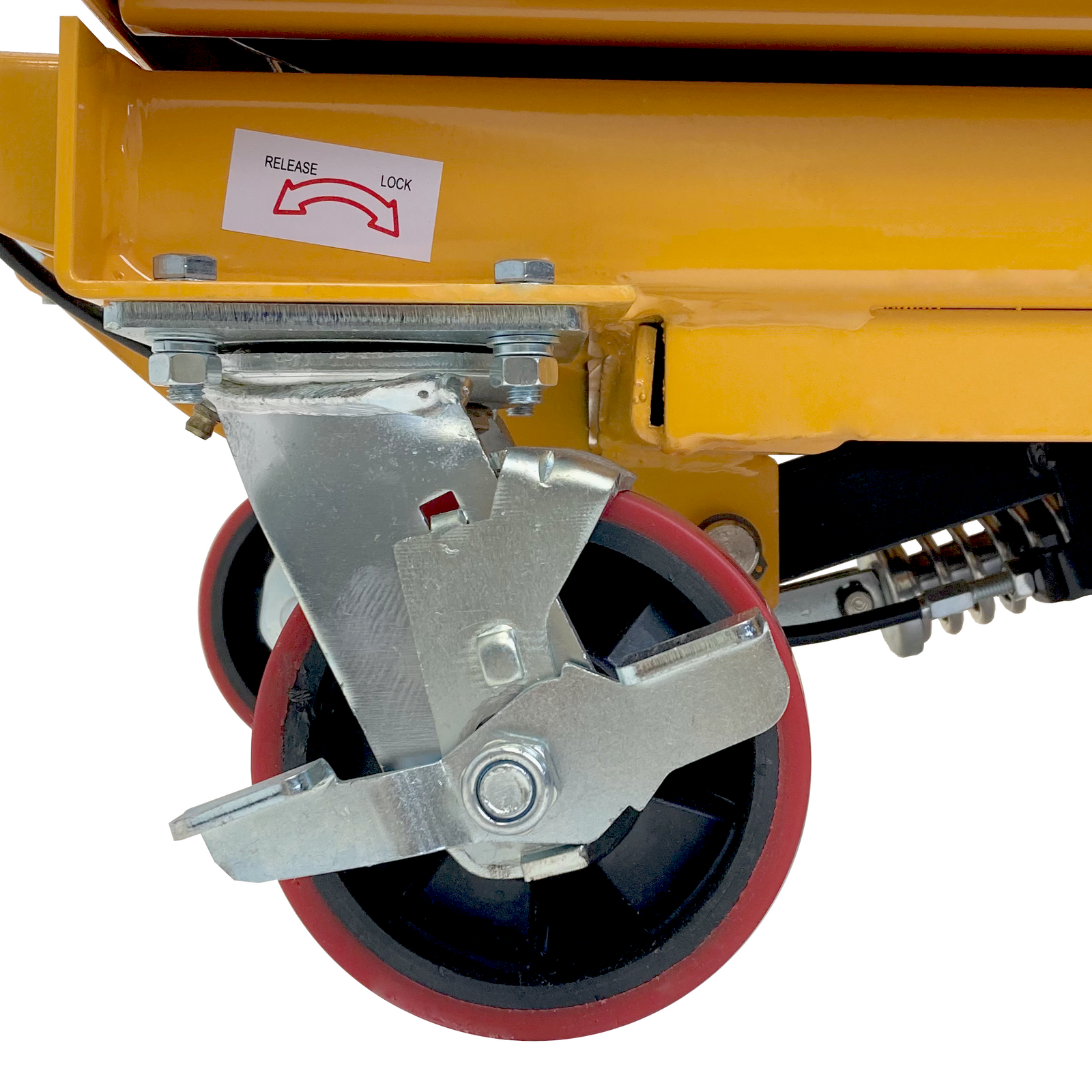 Close up of one of the rugged red back wheels with brakes of the mobile scissor lift table for 1100 pounds. Image shows a sticker that describes the position for the brake to be released and to be locked.