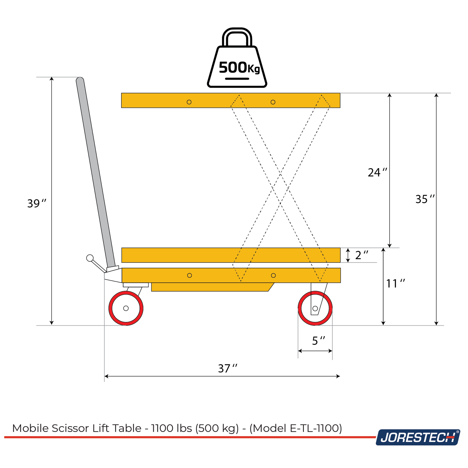 Diagram in yellow, black and red to show the measurements of the JORES TECHNOLOGIES® lift table when it is collapsed and when it is lifted. The height when collapsed is 11 inches, the height when it fully lifted is 35 inches. Icon on top of the diagram reads 500 Kilograms.