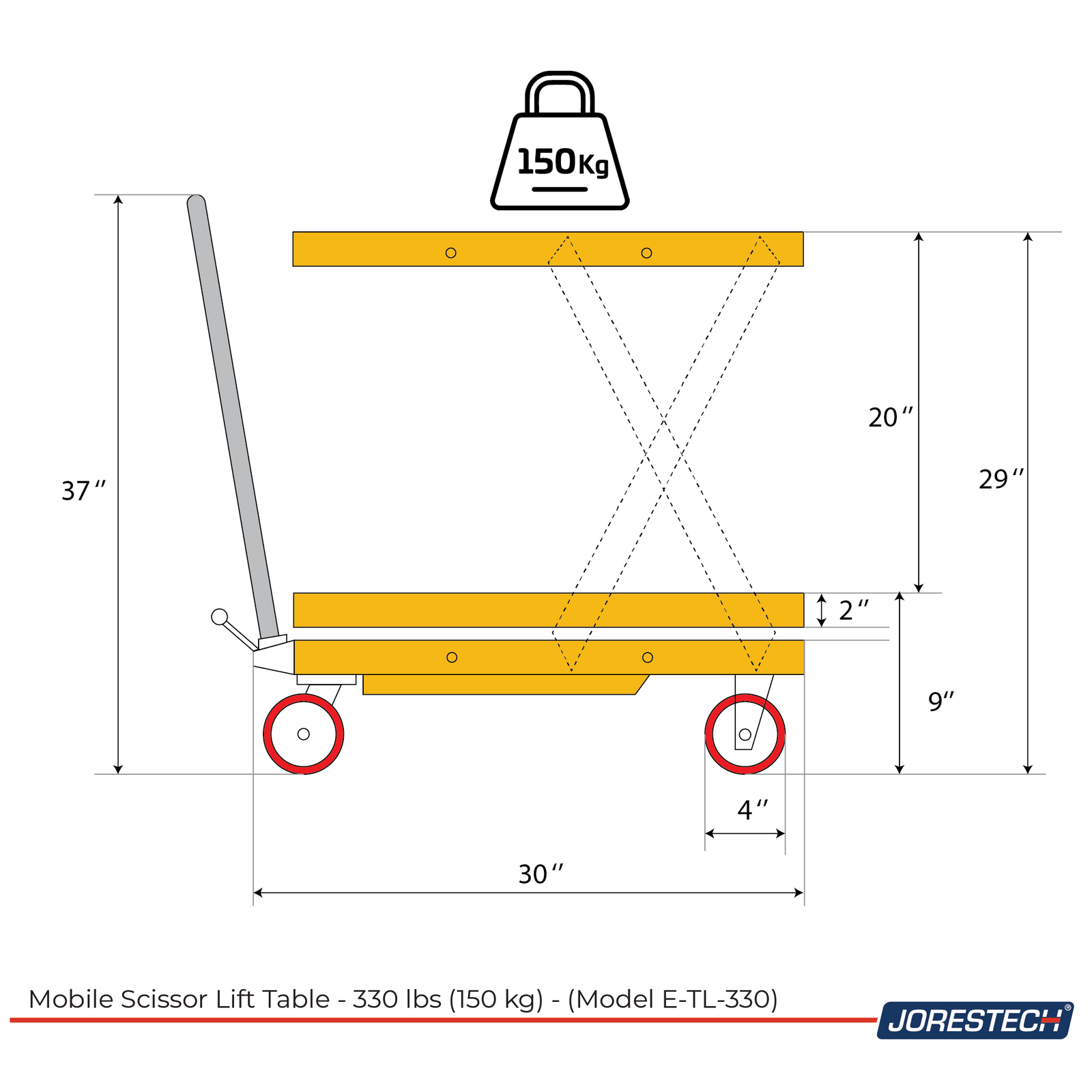 Diagram in yellow, black and red to show the measurements of the JORES TECHNOLOGIES® lift table when it is collapsed and when it is lifted. The height when collapsed is 9 inches, the height when it fully lifted is 29 inches. Icon on top of the diagram reads 150 Kilograms.