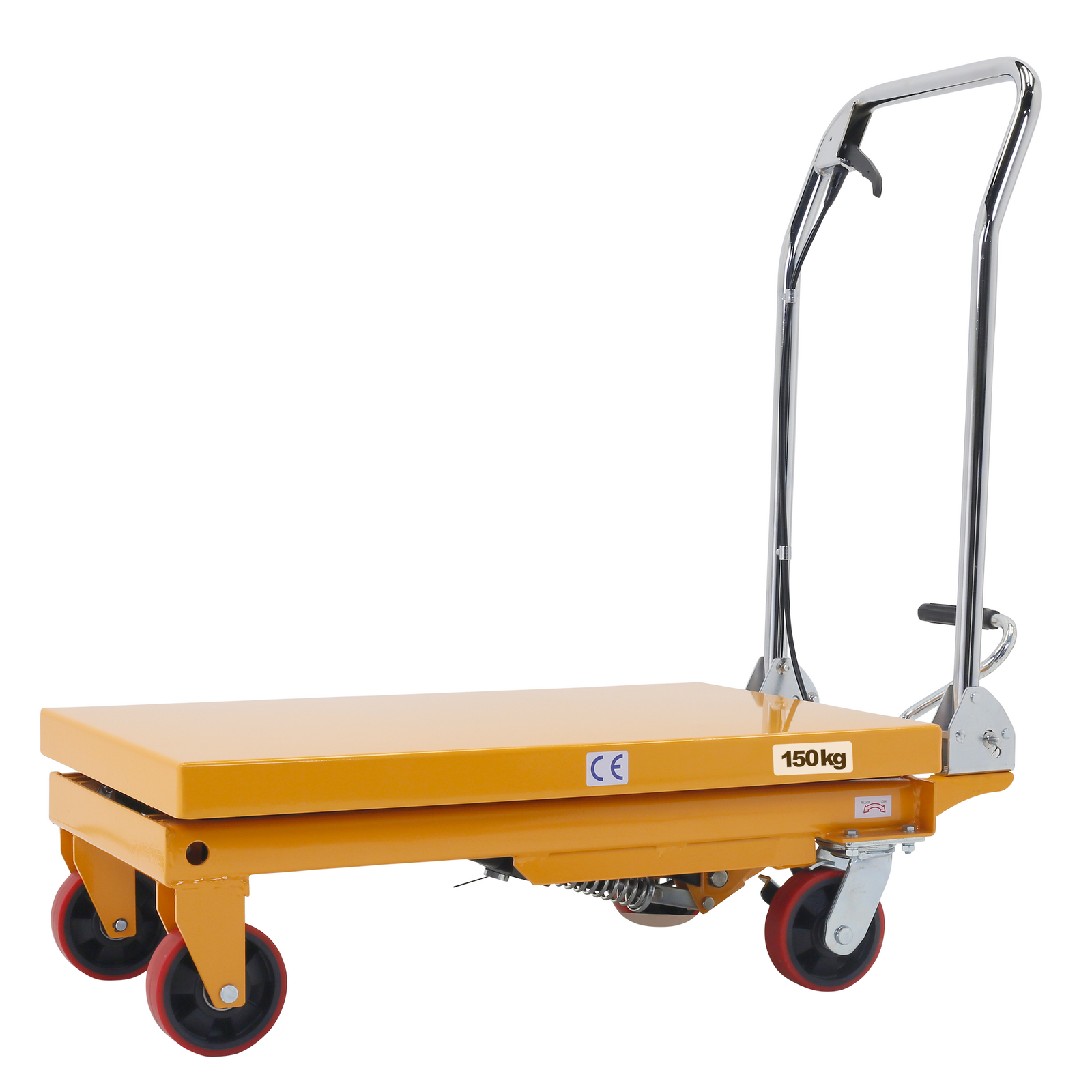 Side view of a JORES TECHNOLOGIES® yellow mobile scissor lift table for 150 Kg. The table is completely collapsed