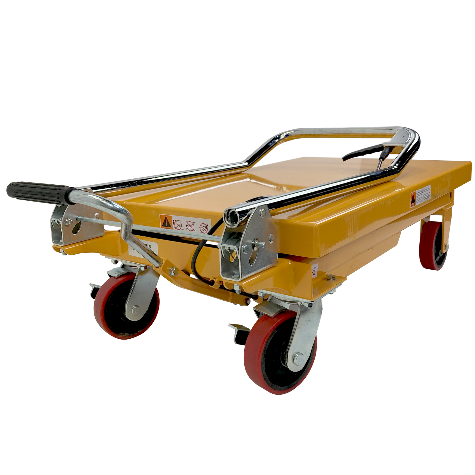 Yellow table lift for 300 kilograms with the handle of the JORES TECHNOLOGIES® scissor table lift collapsed to make it less bulky when storage or for transportation. Also shows all 4 red heavy duty rubber wheels. The 2 whels on the back have brakes, the 2 wheels on the front do not have brakes.