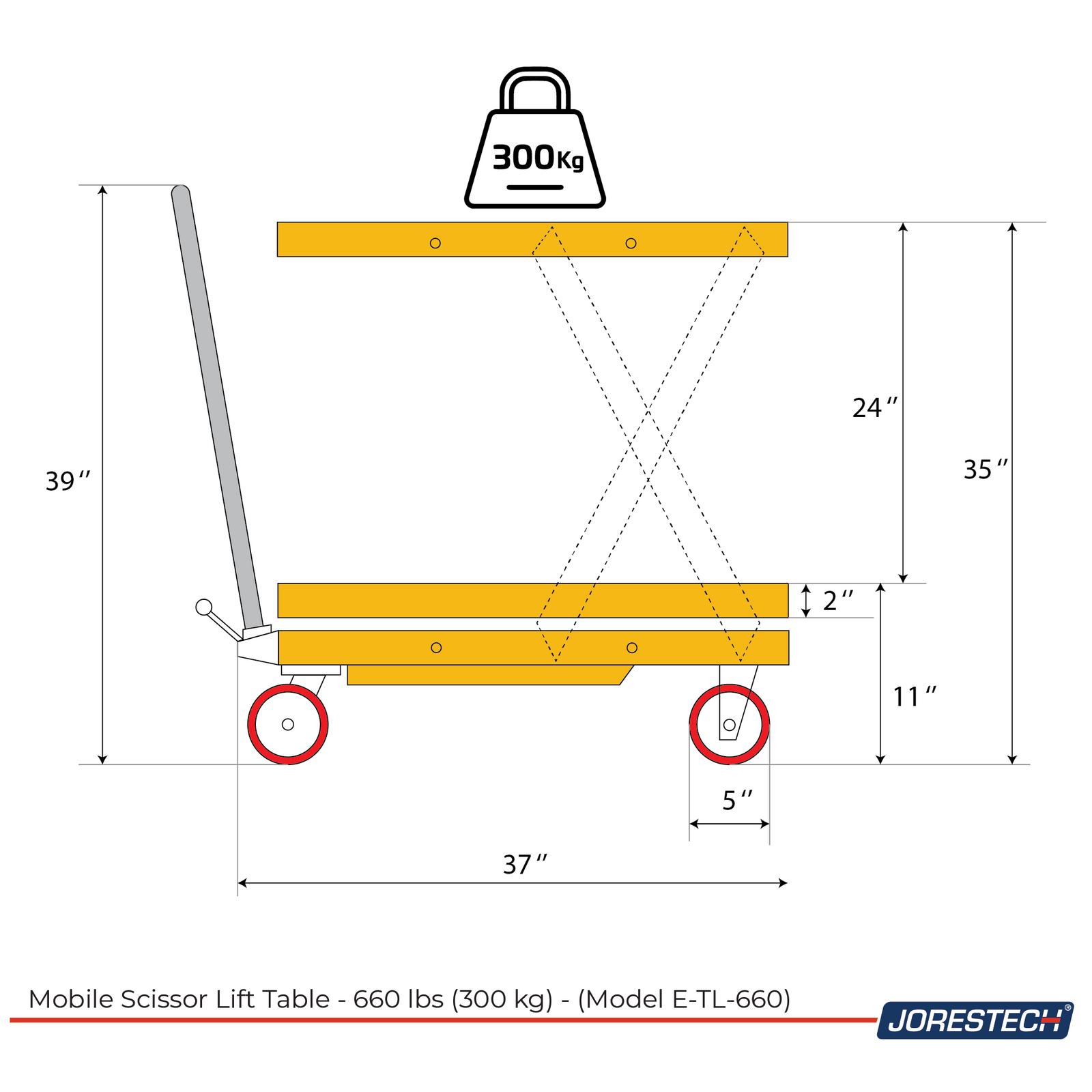 Diagram in yellow, black and red to show the measurements of the JORES TECHNOLOGIES® lift table when it is collapsed and when it is lifted. The height when collapsed is 11 inches, the height when it fully lifted is 35 inches. 
