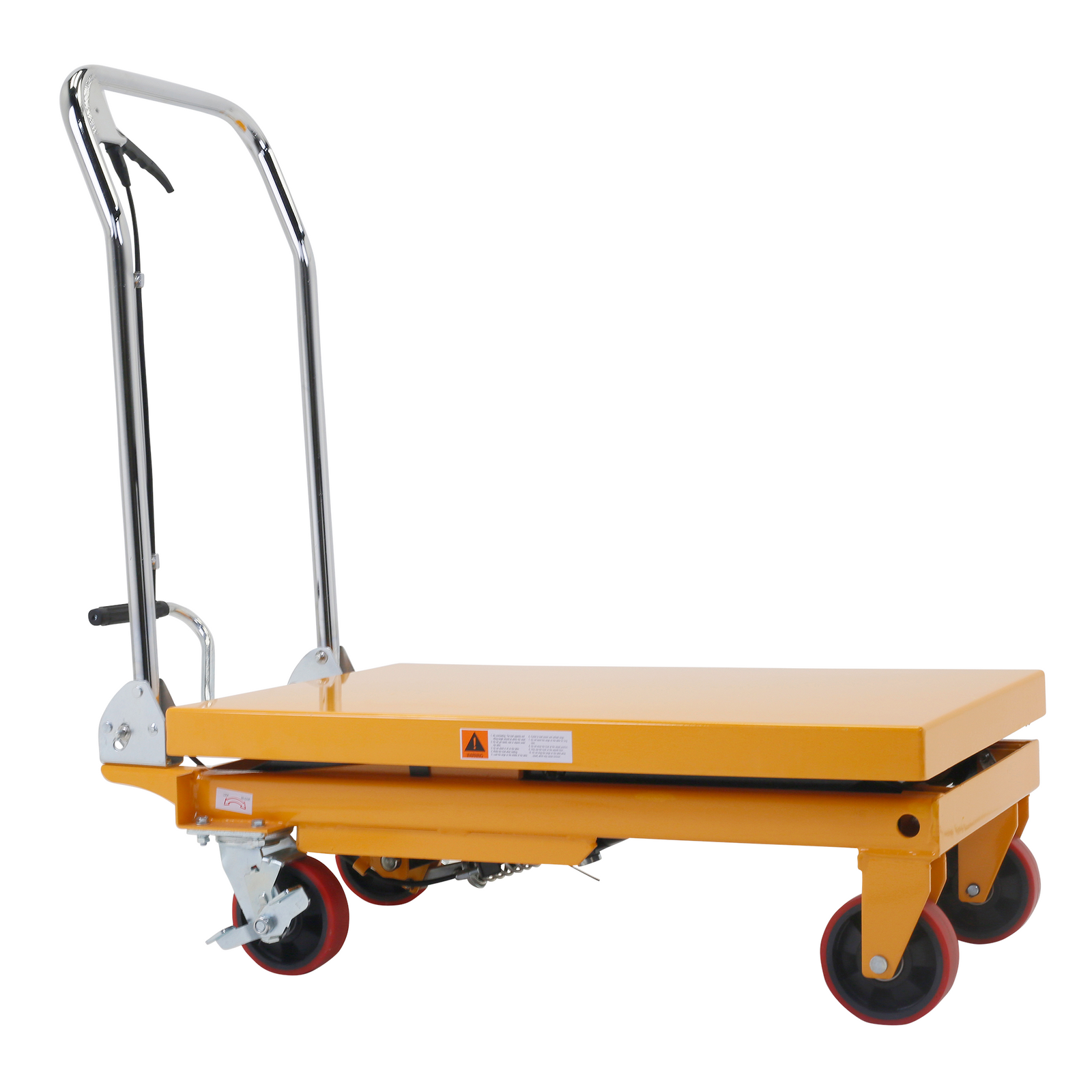 Black and yellow hydraulic table lift for 300 Kg. The table is completely collapsed.