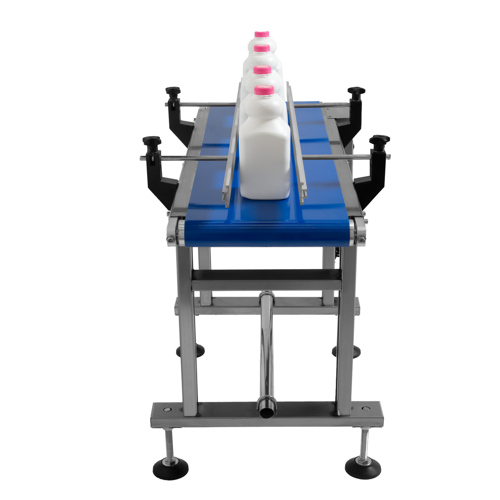 motorized conveyor with steel frame and blue belt that features side guard rails transporting white milk bottles
