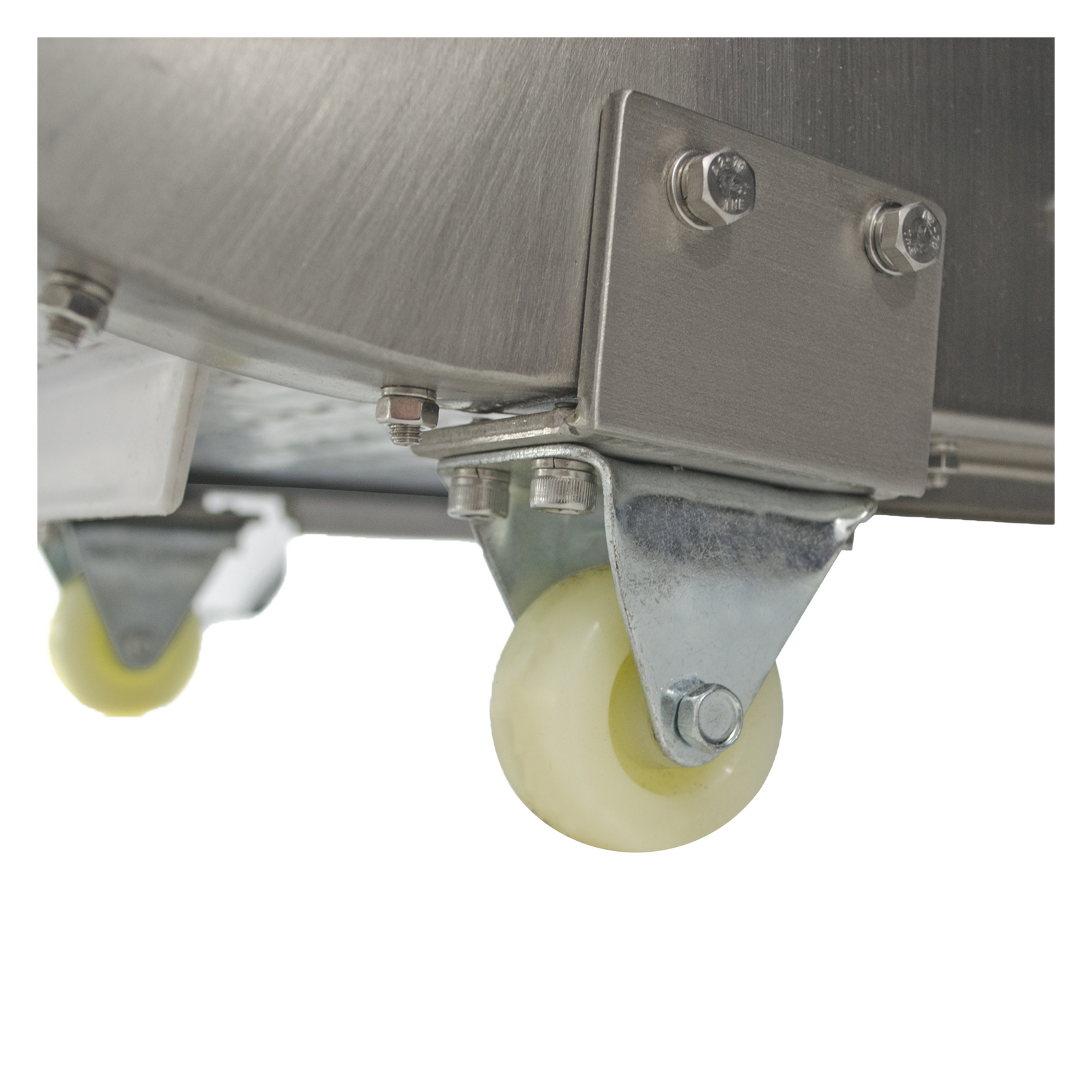 white rolling casters on stainless steel motorized take away conveyor