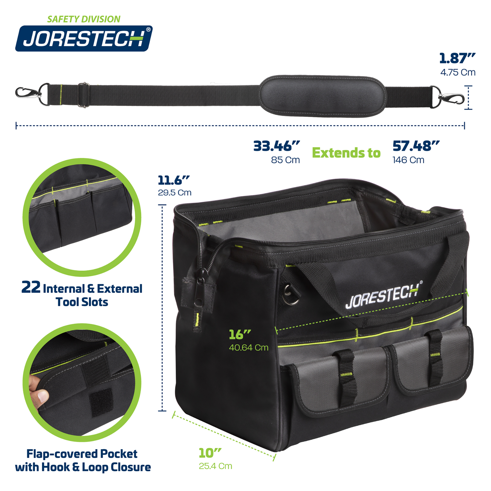 Showing measurements tool bag: Length of Tool's bag carrying strap: extends from 33.45