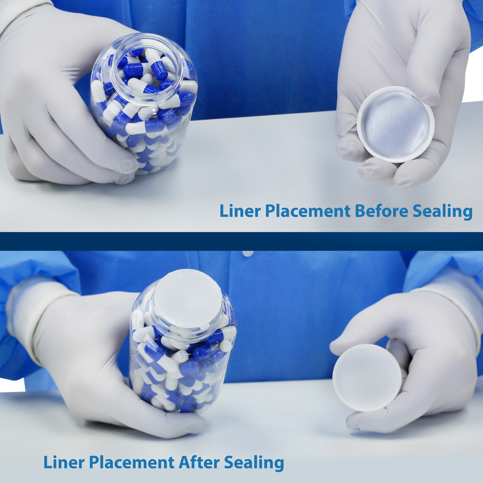 Placement of the induction liner before it has been sealed and after the liner is attached to the container with the manual cone induction cap sealer