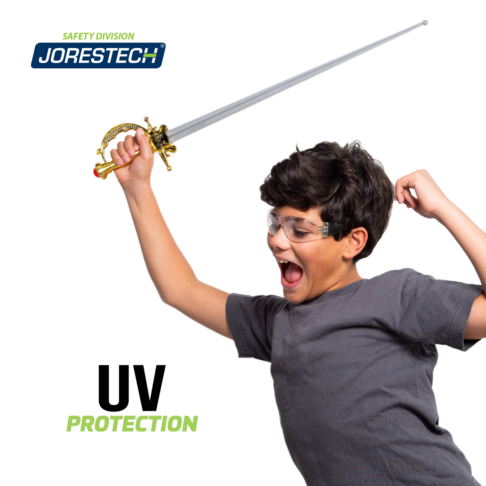 A boy wearing safety glasses playing with a plastic sword. A banner with black and green letters read UV protection