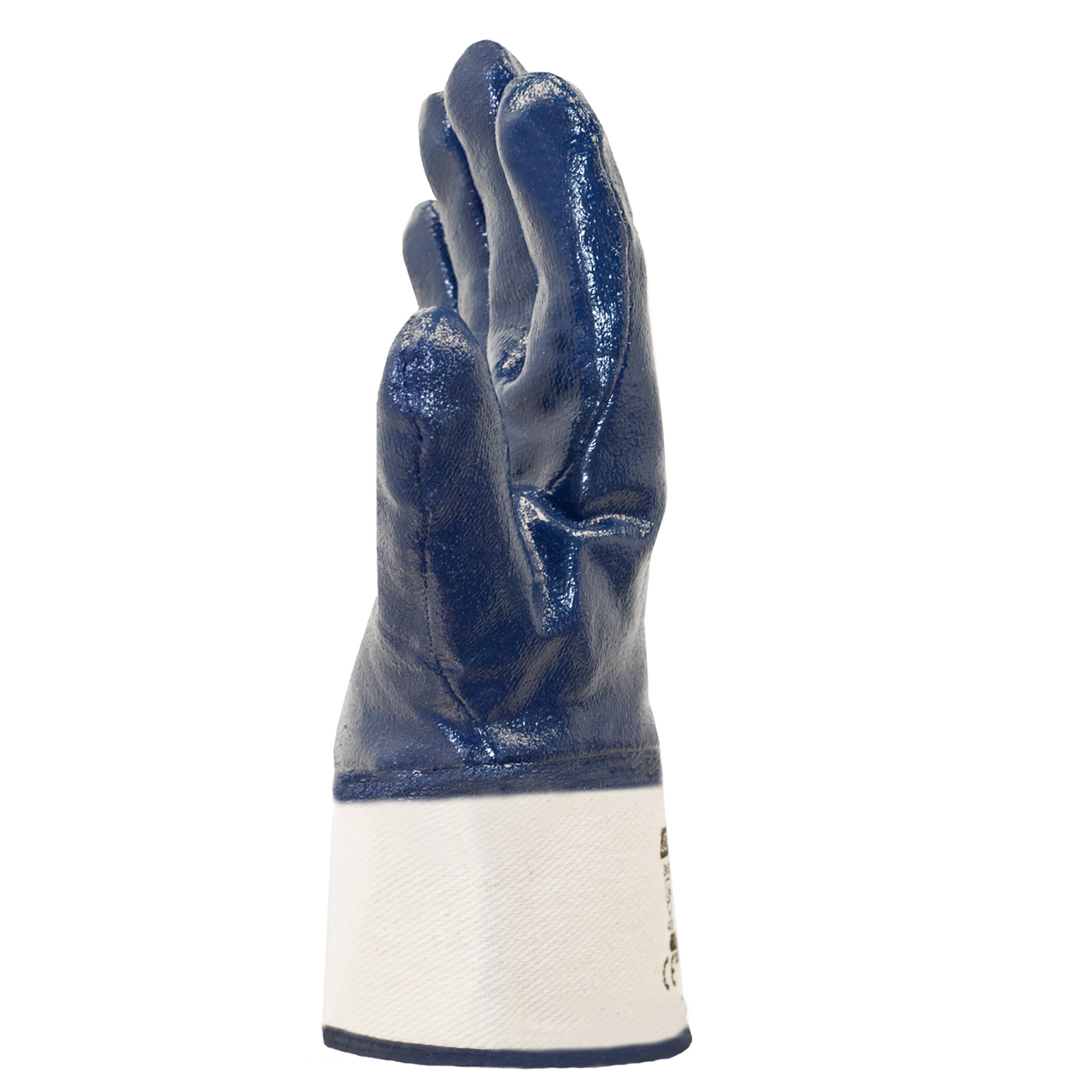 Side of a blue nitrile coated JORESTECH safety work glove