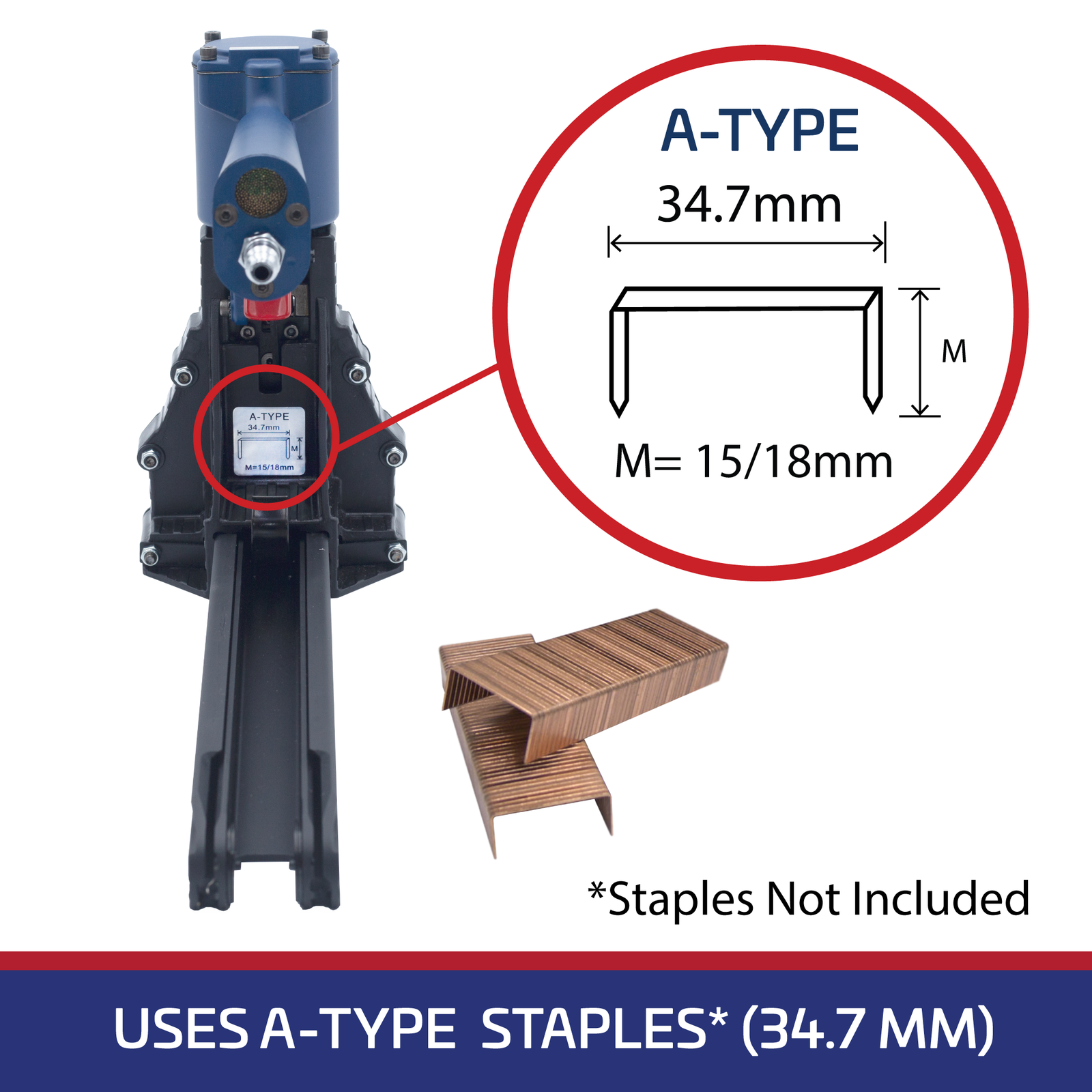 blue and red infographic showing measurements of acceptable staples for a blue and black staple gun is 34.7 mm