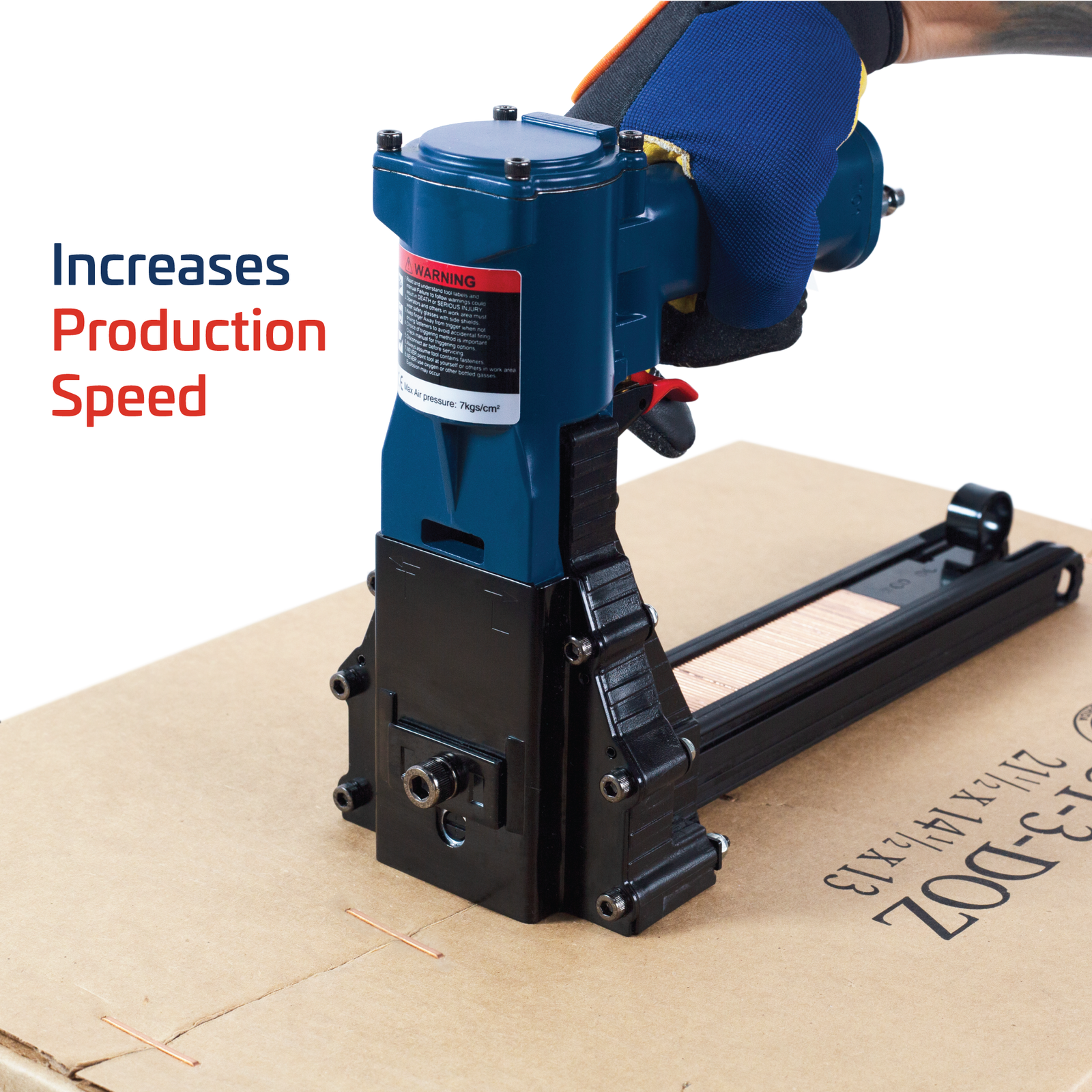 operator wearing blue gloves using blue/black staple gun on brown cardboard box. Banner states in blue and red: increases production speed