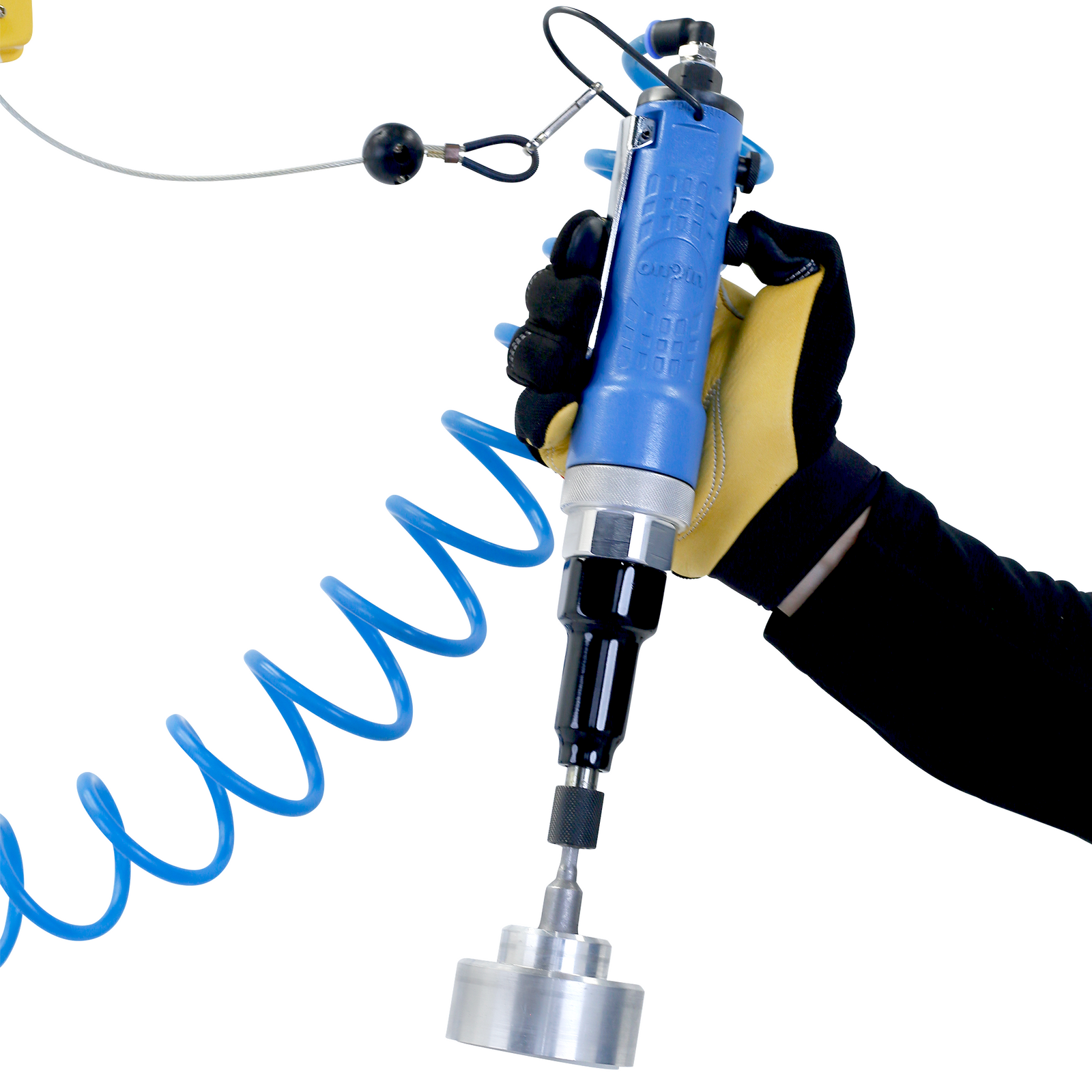 operator wearing yellow/black gloves pressing down on blue manual bottle capper