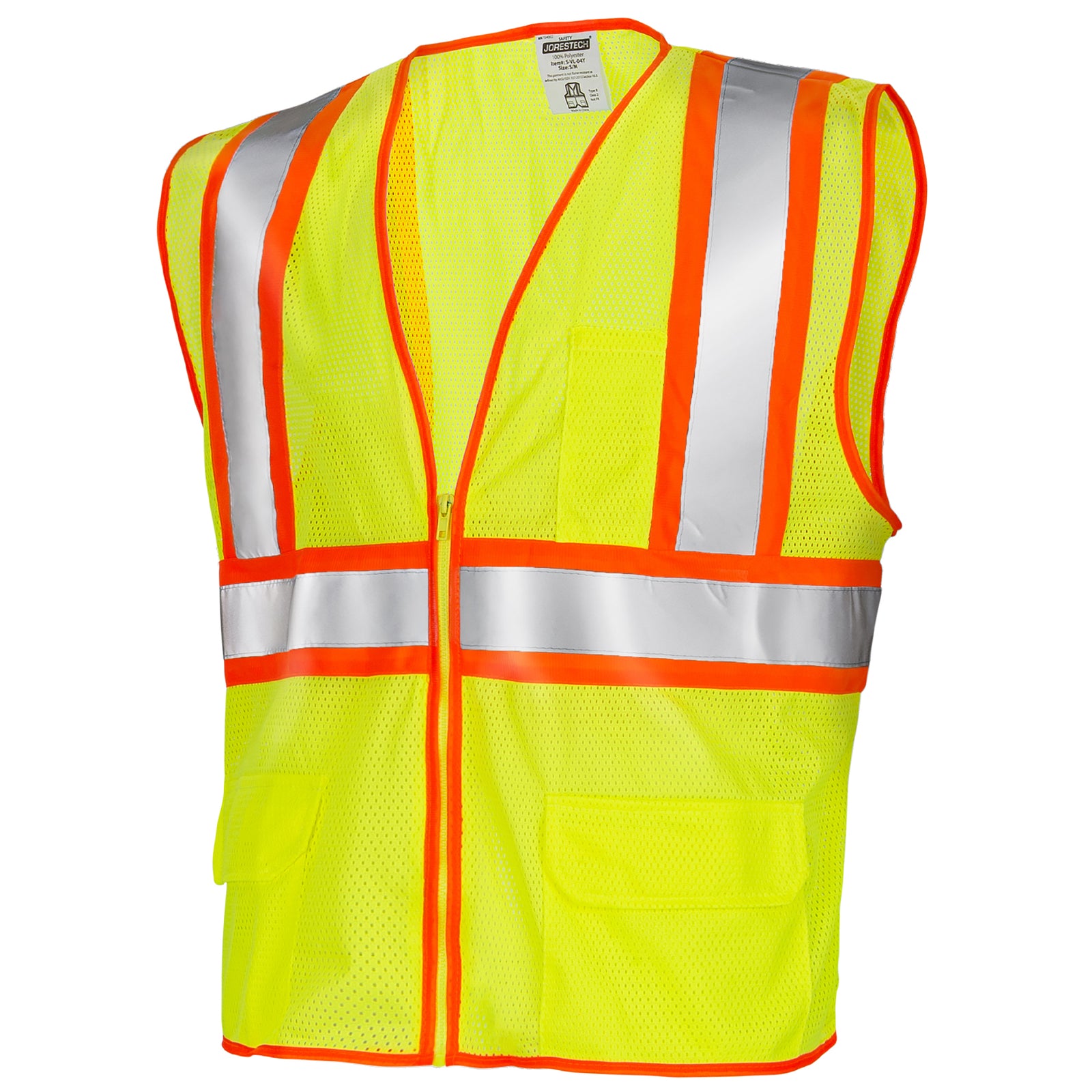 Diagonal view of the JORESTECH printed hi-vis two tone mesh safety vest with 2 inches reflective strips