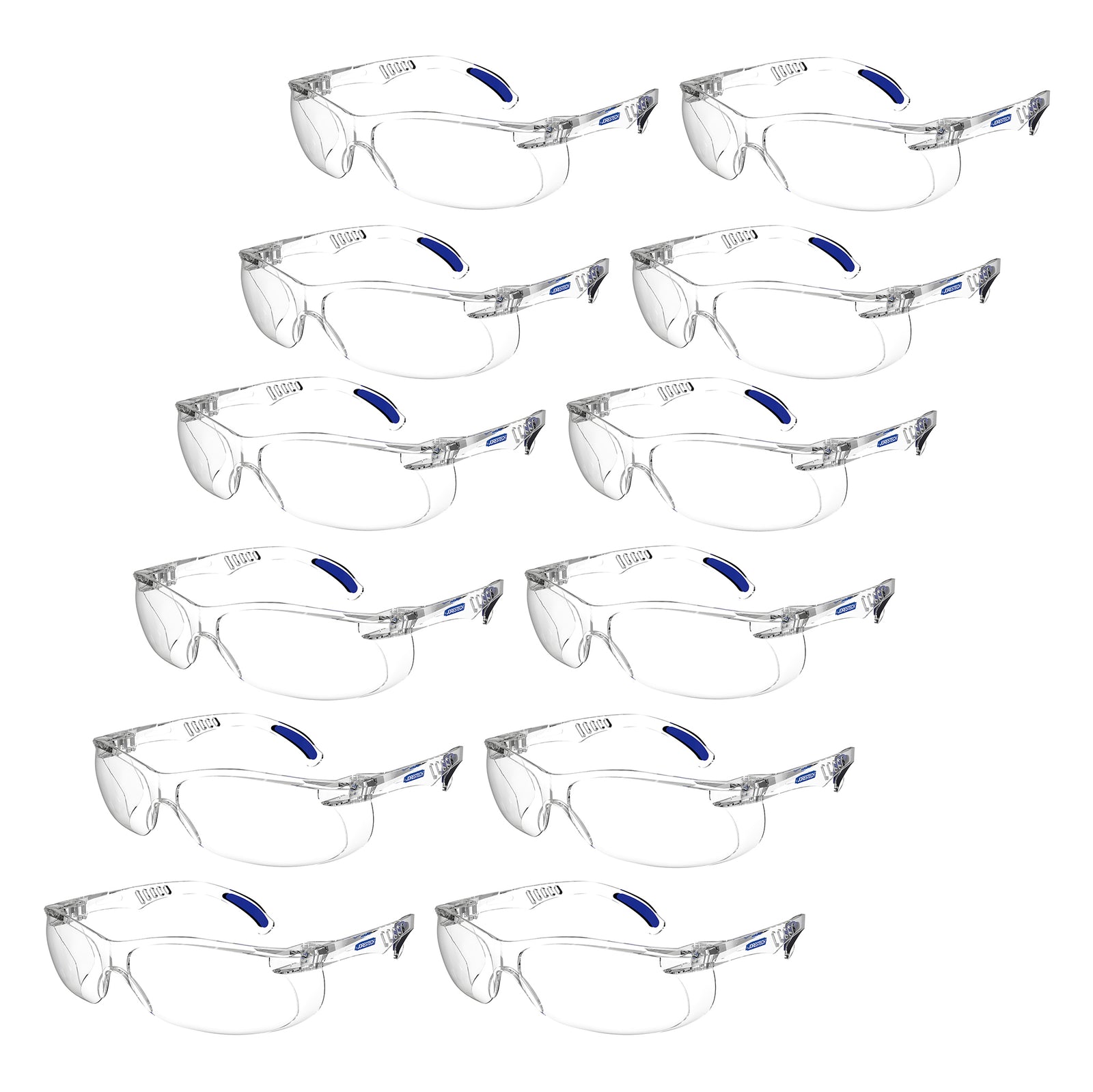 Diagonal view of 12 clear JORESTECH panoramic safety glass for high impact protection.  Temples of this ANSI compliant glasses have details in blue. 