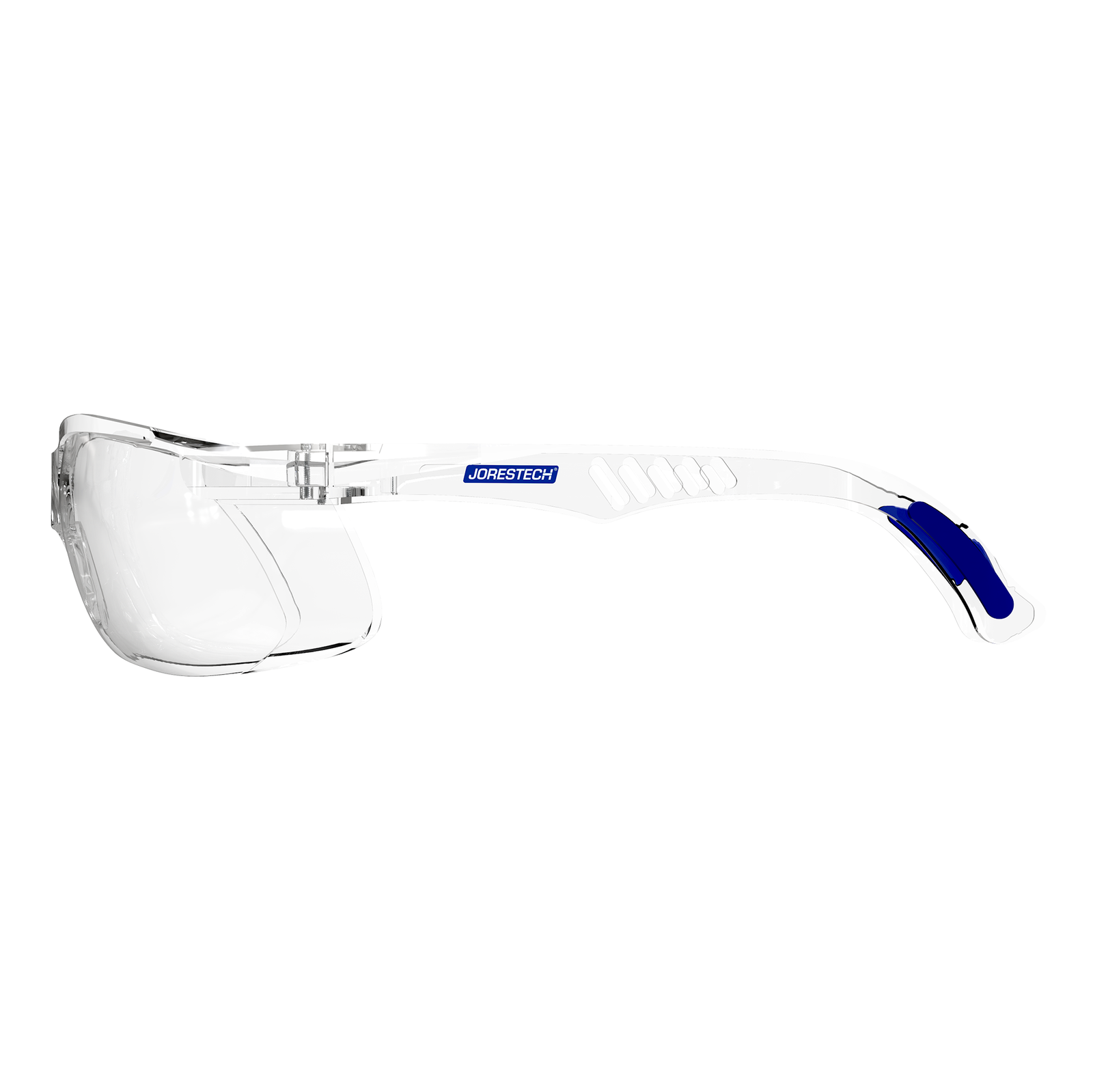 Side view of the clear JORESTECH panoramic safety glass for high impact protection.  Temples of this ANSI compliant glasses have details in blue. 