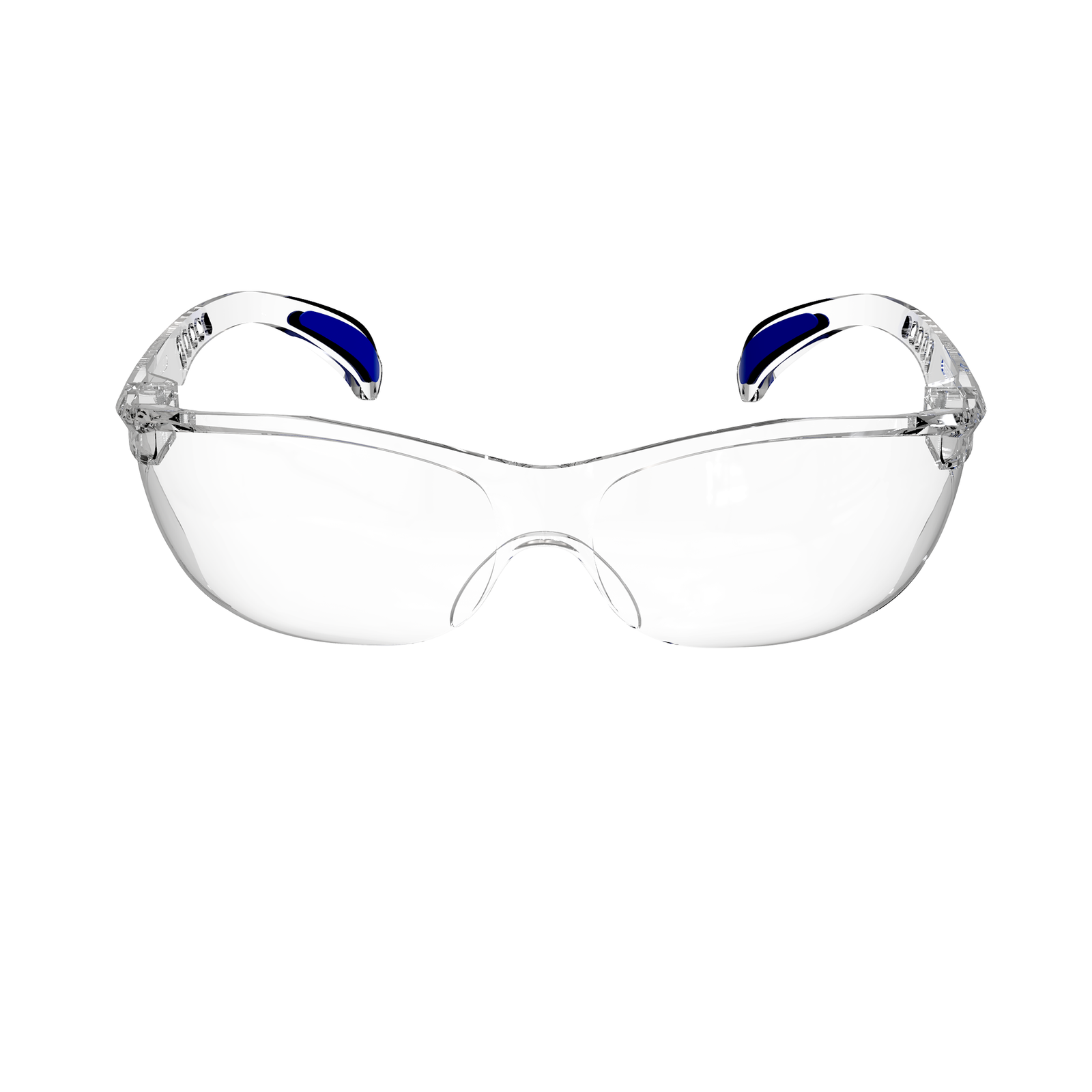Front view of the clear JORESTECH panoramic safety glass for high impact protection.  Temples of this ANSI compliant glasses have details in blue. 