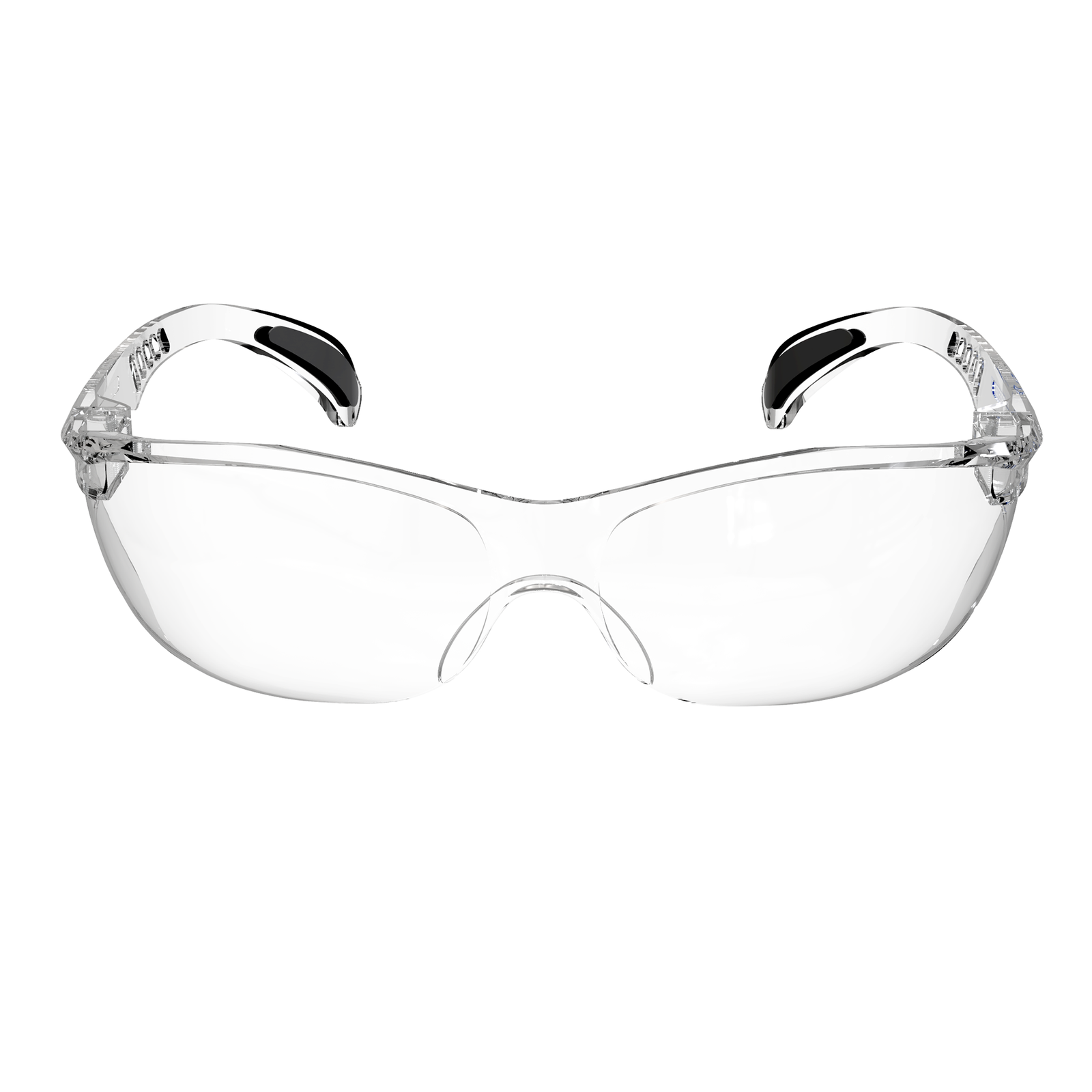 Front view of the clear JORESTECH panoramic safety glass for high impact protection.  Temples of this ANSI compliant glasses have details in black. 