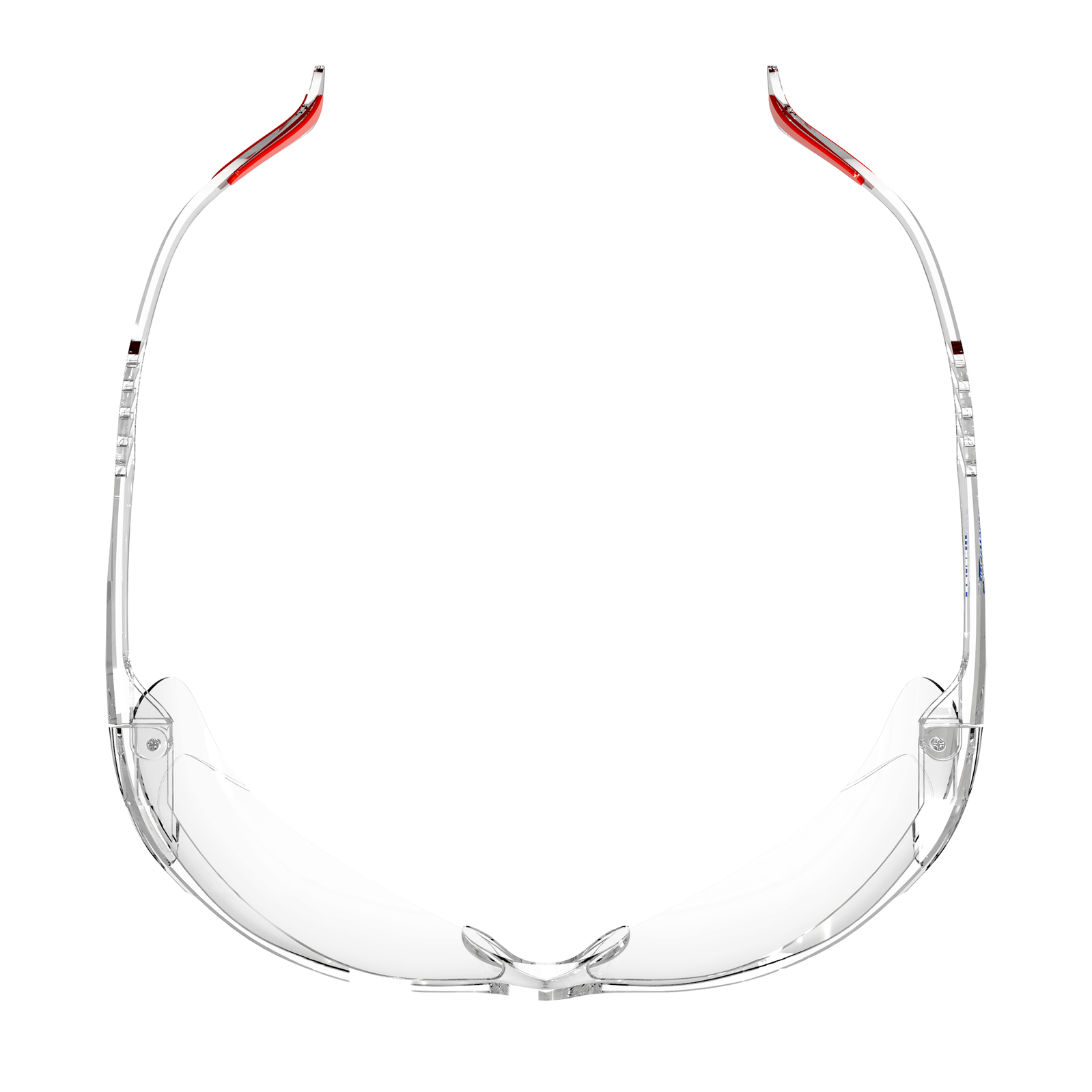 Top view of the clear JORESTECH panoramic safety glass for high impact protection.  Temples of this ANSI compliant glasses have details in red. 