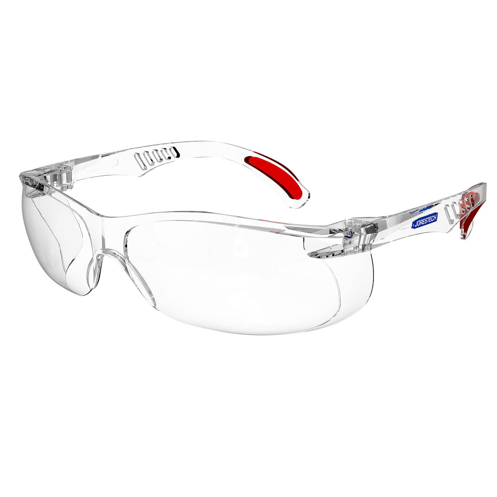 Diagonal view of the clear JORESTECH panoramic safety glass with side shields for high impact protection.  Temples of this ANSI compliant glasses have details in red. 