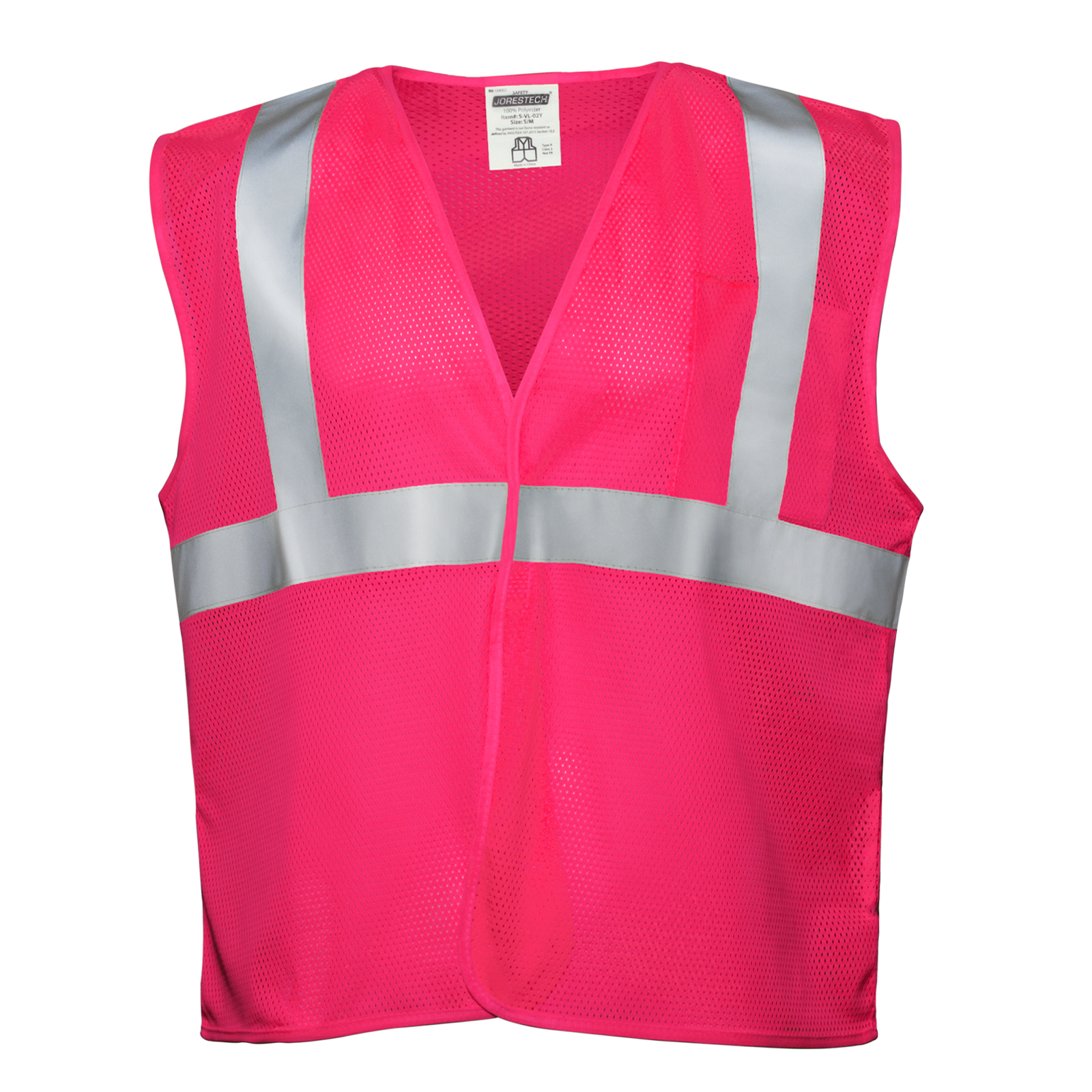 Front view of the pink JORESTECH printed hi-vis mesh safety vest with 2 inches reflective strips.