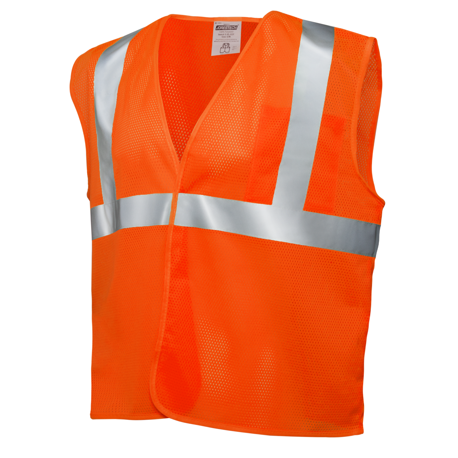 Diagonal view of the printed Hi-Vis orange ANSI safety vest with 2 inches reflective strip and pocket