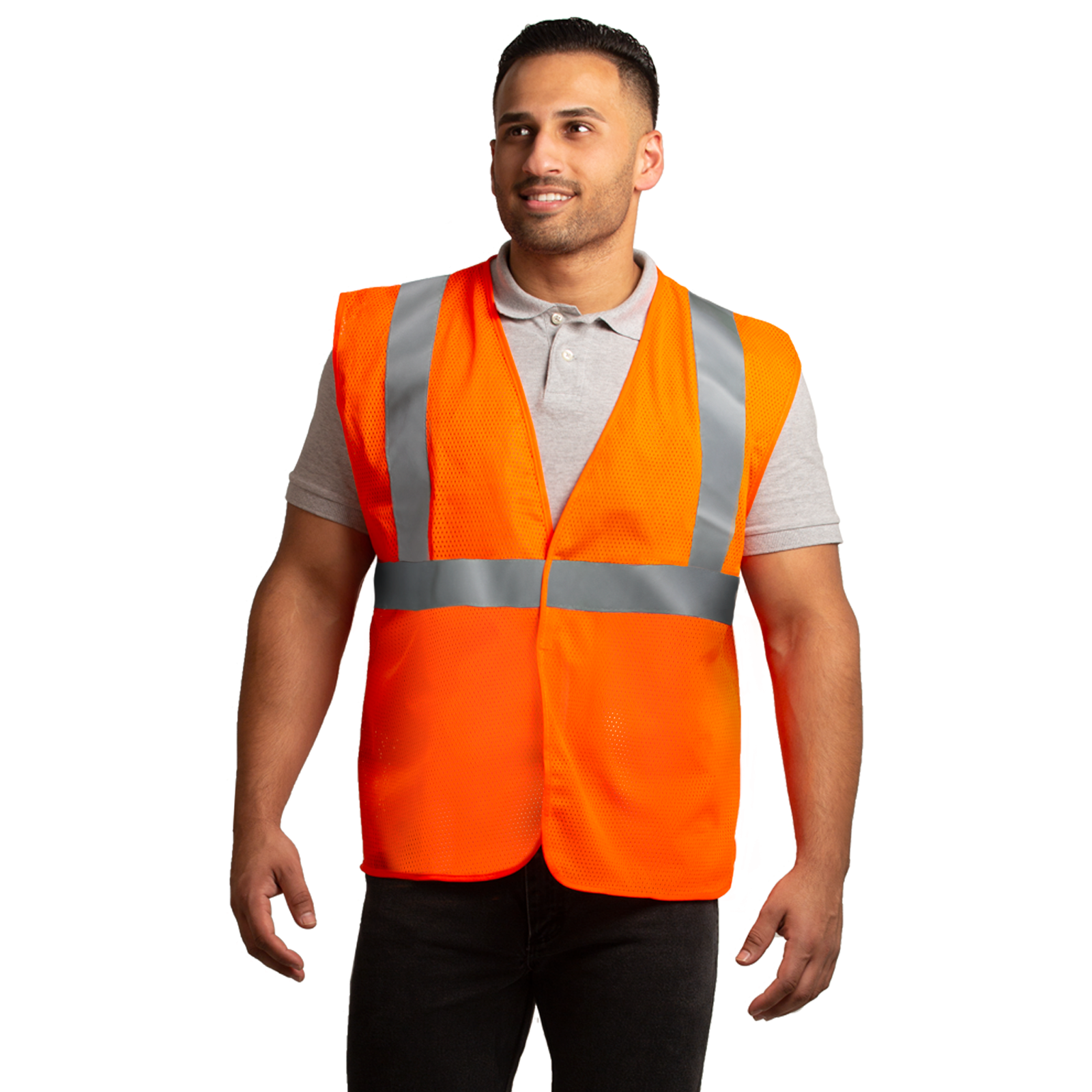 A man wearing the reflective orange ANSI compliant safety vest 