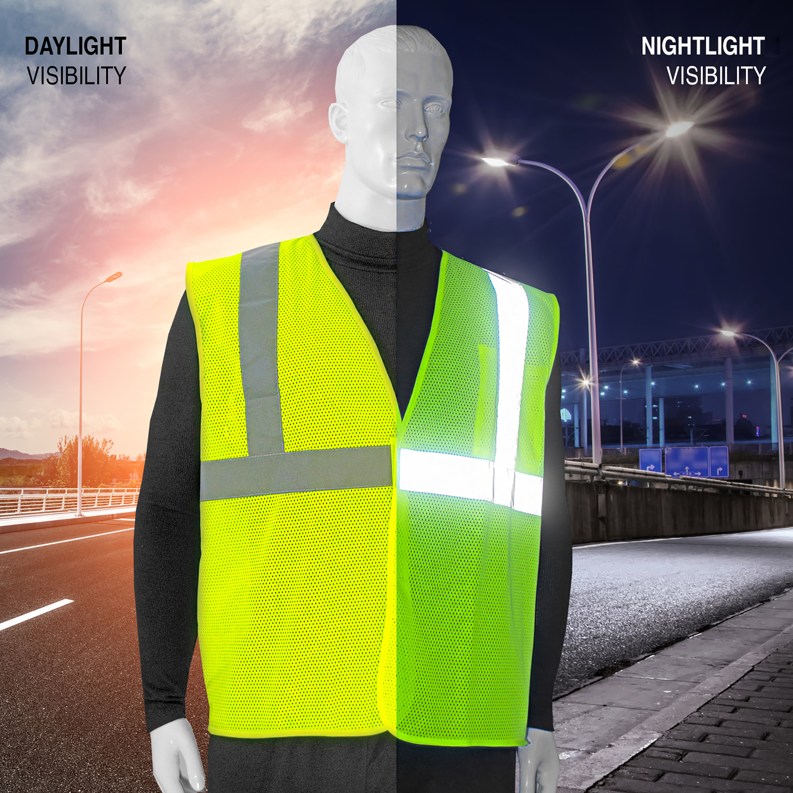 Mannequin wearing a printed lime Jorestech safety vest and compares how bright it looks during day and night time