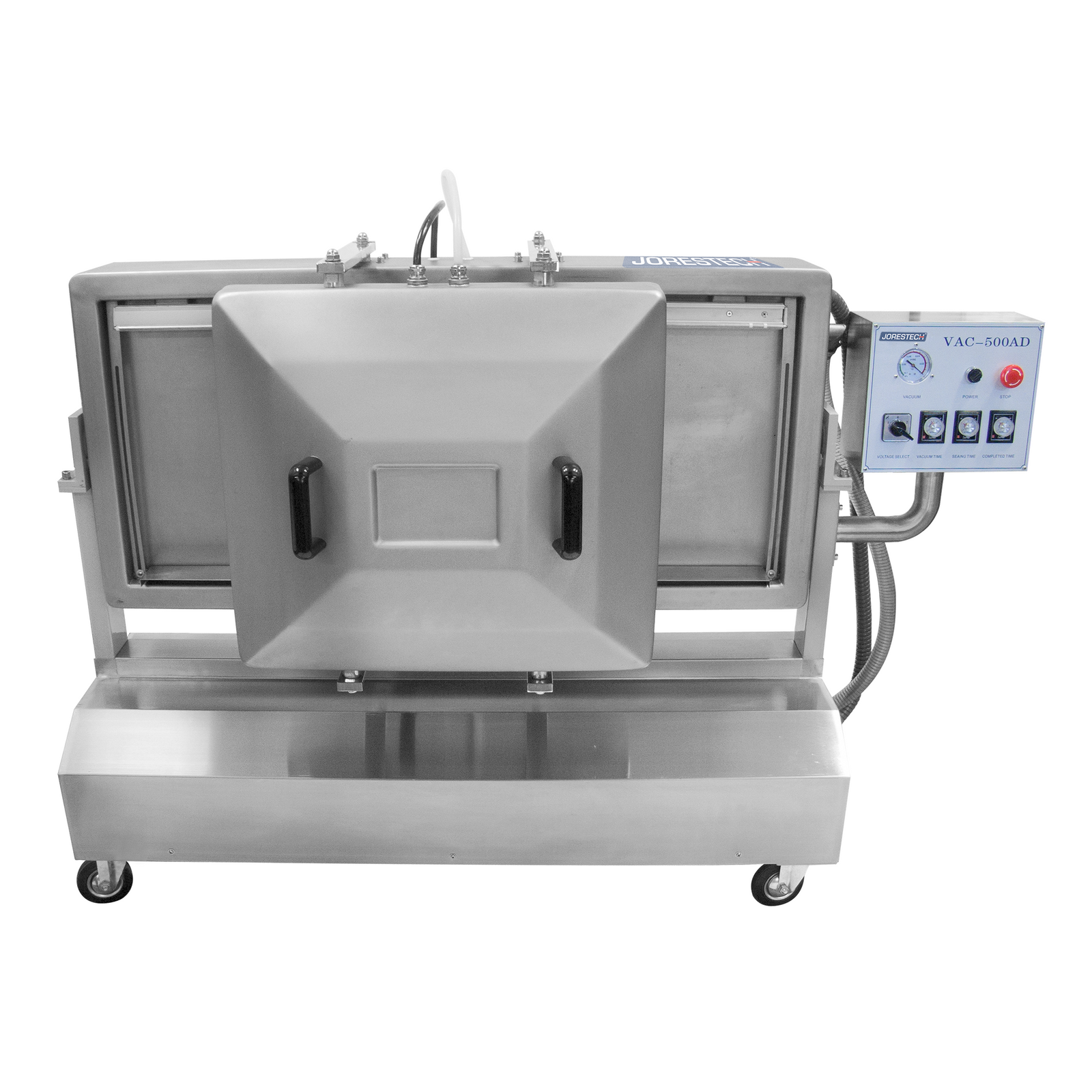 Front of the JORES TECHNOLOGIES® two reclinable chamber vacuum sealer. The chamber and sealing structure of the machine are in a vertical position.