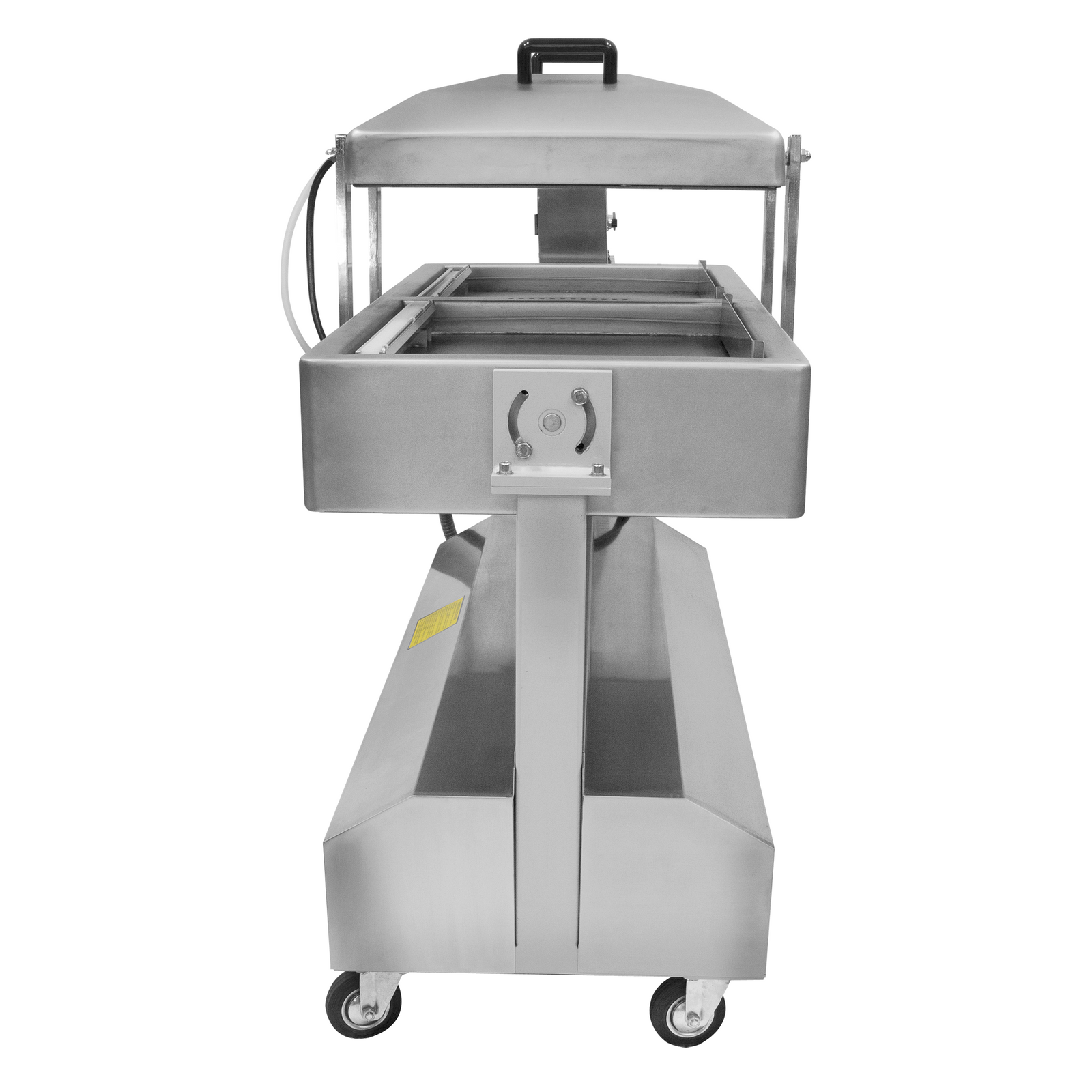 Side of the 220v JORES TECHNOLOGIES® stainless steel commercial dual reclinable chamber vacuum sealer with dual 20 inches seal bar. The chambers are positioned in a vertical position and the lid is open showing the 2 sealing bars