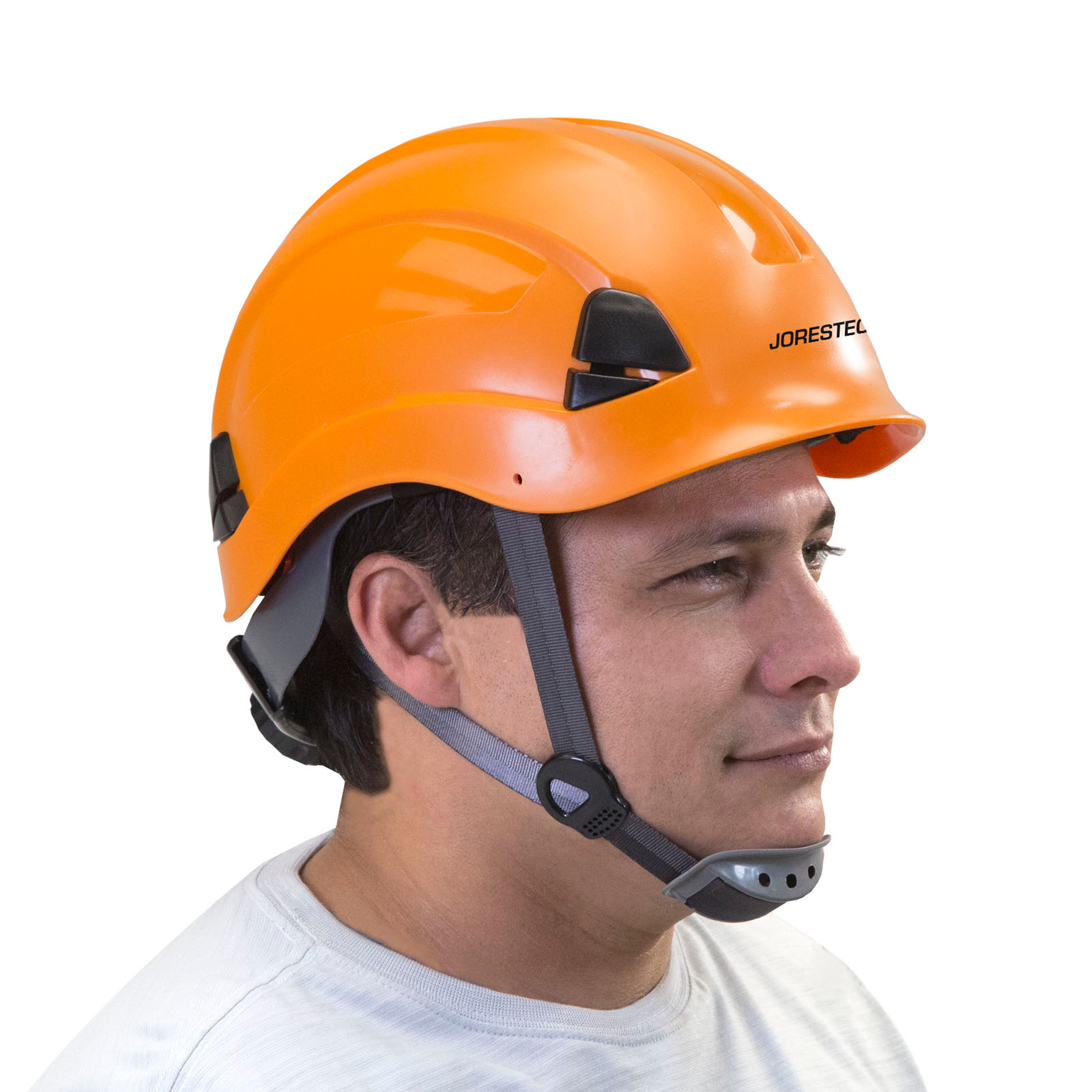 A man wearing the Jorestech orange rescue hart hat with 6 point suspension and chin strap