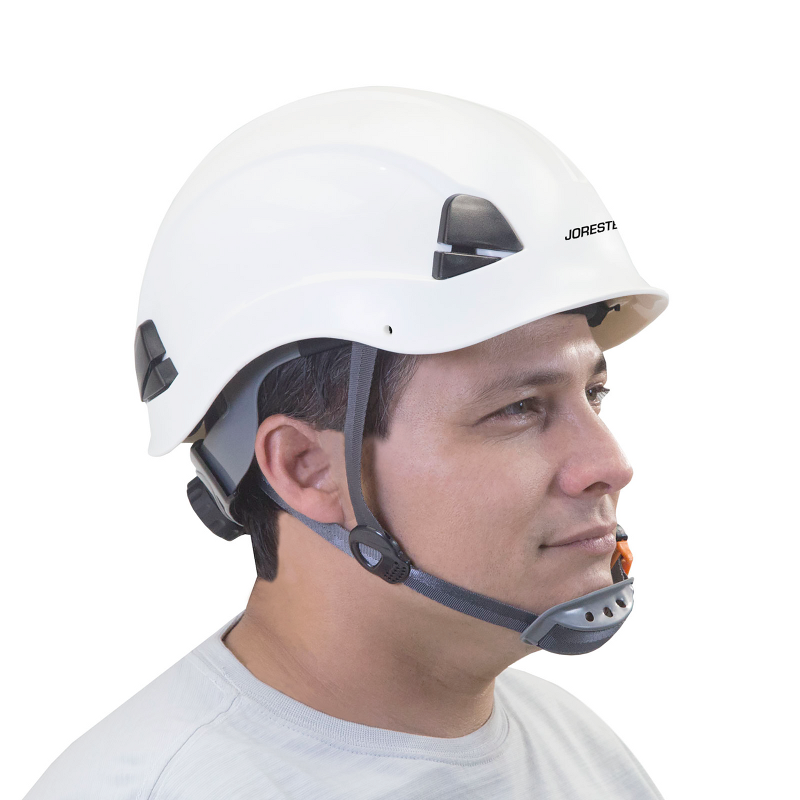 A man wearing a white rescue hard hat with adjustable 6 point suspension