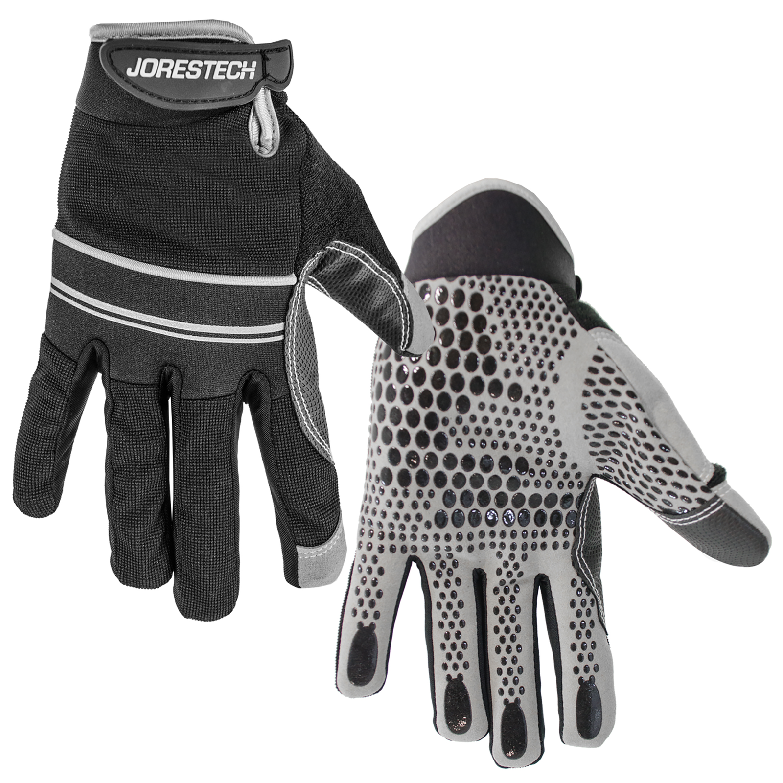 A pair of black JORESTECH safety work gloves with anti slip silicone black dotted palms
