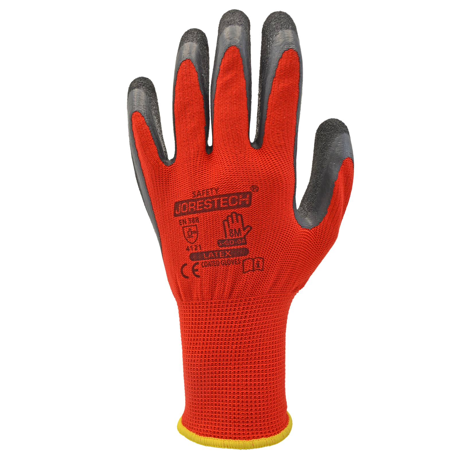 Front of a red and back safety work glove with latex dipped palms