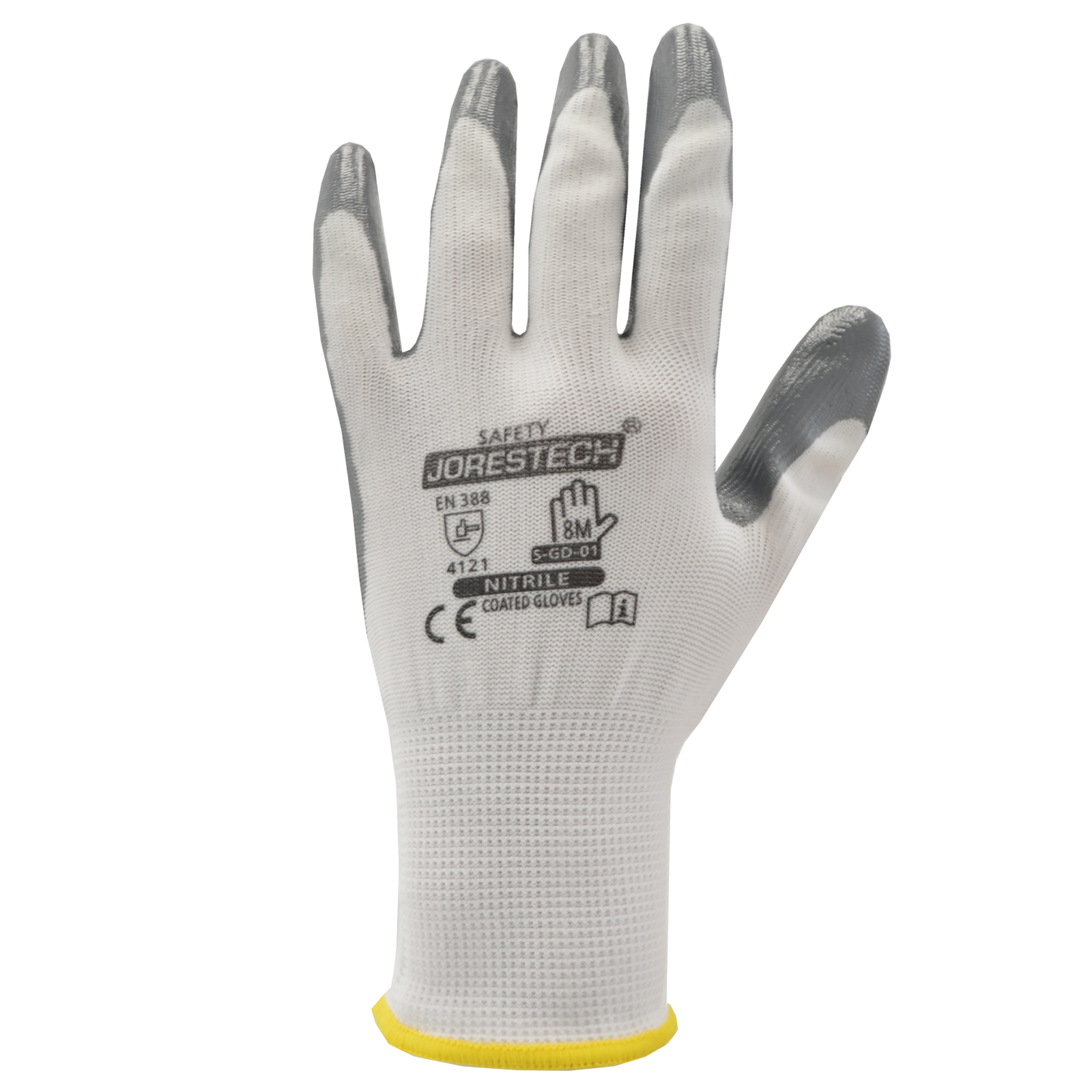 Front of one JORESTECH safety work glove with nitrile dipped palm