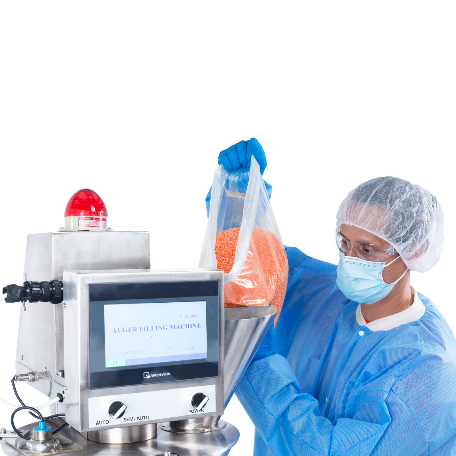 Close-up of a person with blue latex gloves and dressed in PPE holding a clear bag filled with a red seasoning powder. The bag is held over the feeding cone of the JORES TECHNOLOGIES® auger powder filler, which will be used to dispense seasoning powder into containers.