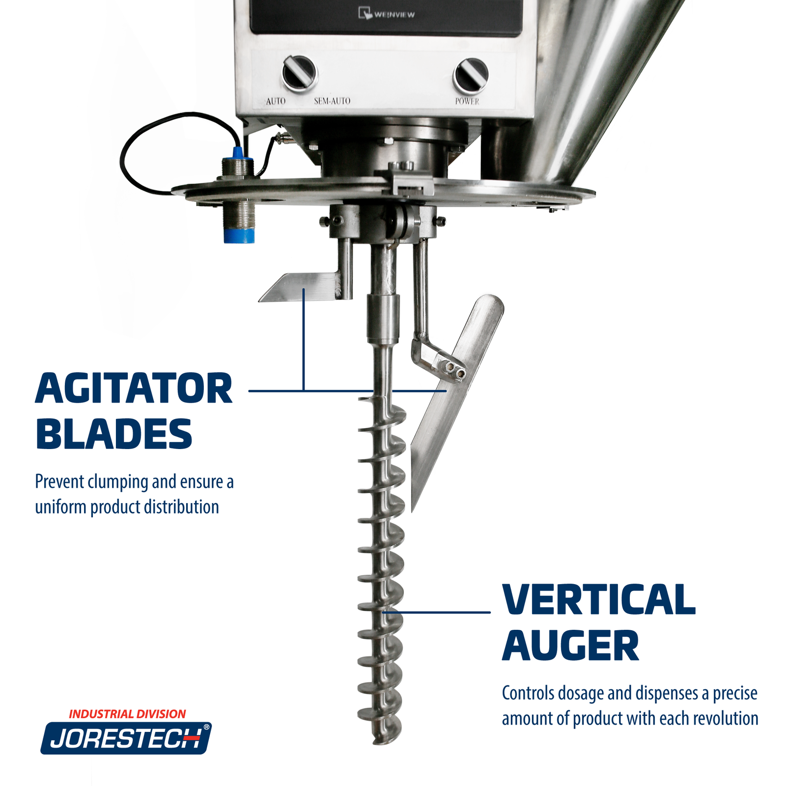 Close up of the semi-automatic auger powder filler for 20 ml showing the Vertical Auger and the Agitator Blades. Text reads: Vertical auger controls dosage and dispenses a precise amount of product each revolution. And also: Agitator blades prevent clumping and ensure a uniform product distribution.