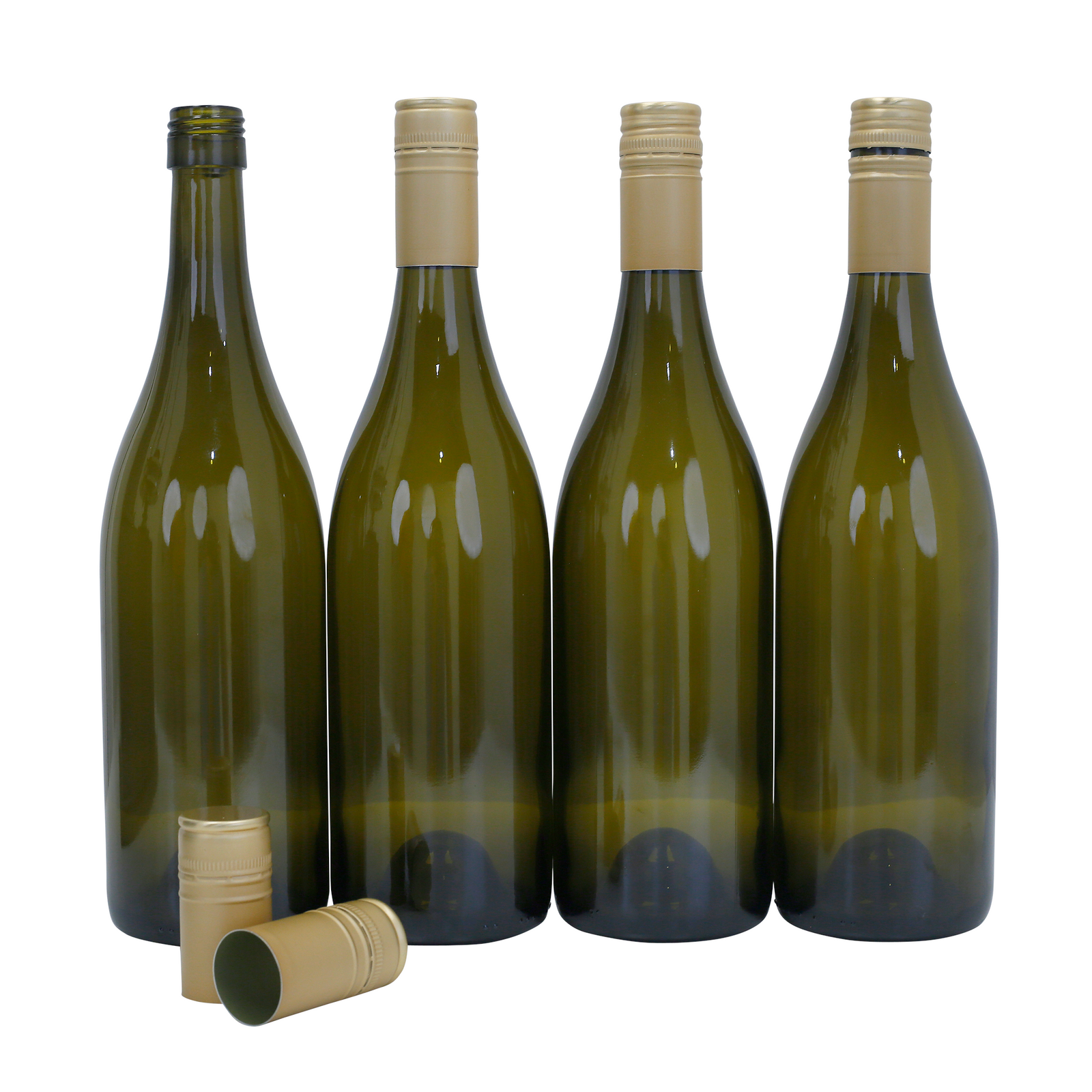 four green wine bottles with gold metal caps