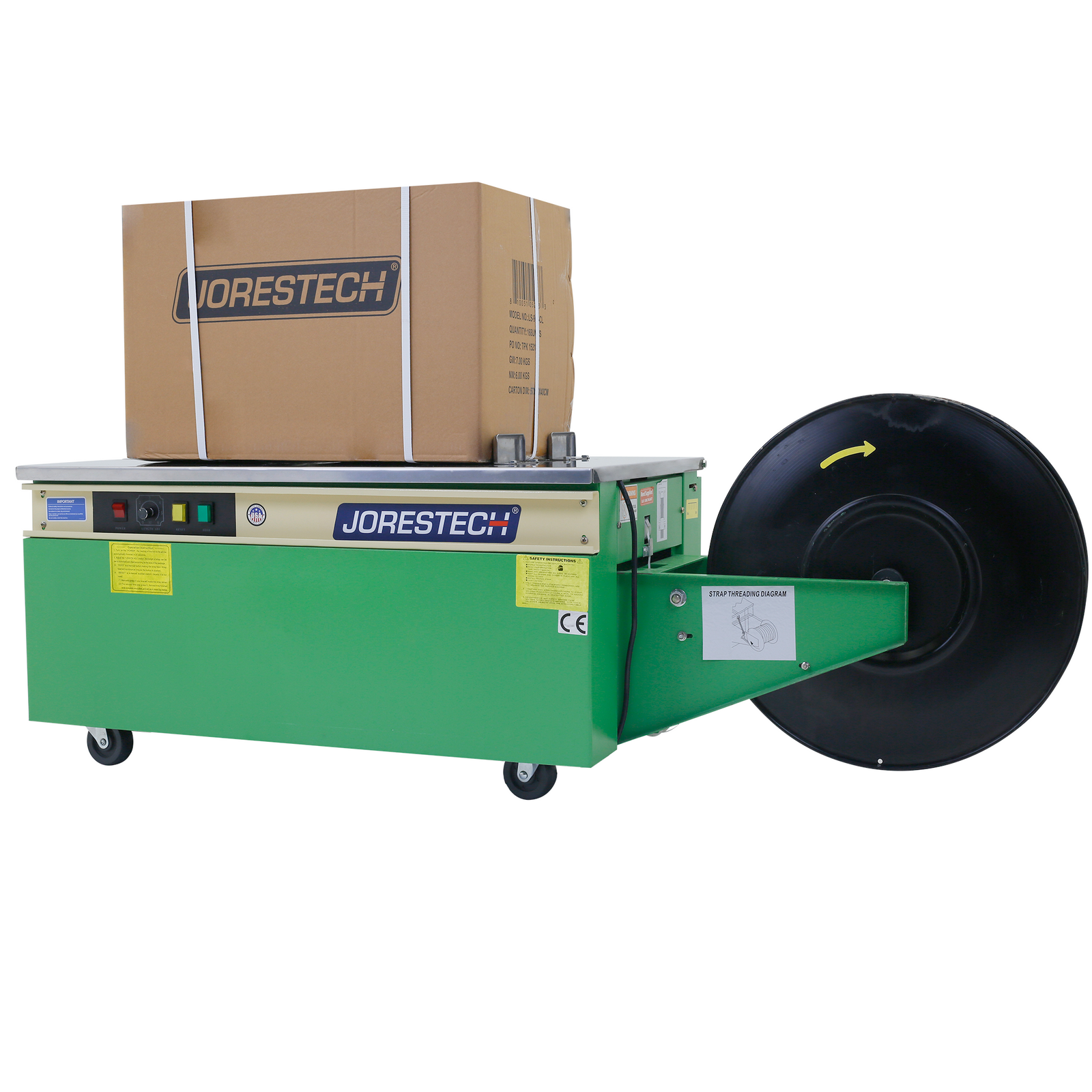 JORES TECHNOLOGIES® low profile strapping machine with a freshly strapped cardboard box on top