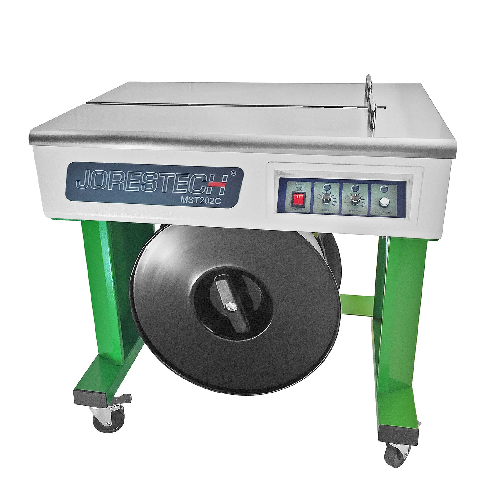 Diago Semi automatic open cabinet strapping machine with wheels with  a large roll of white poly strap installed 