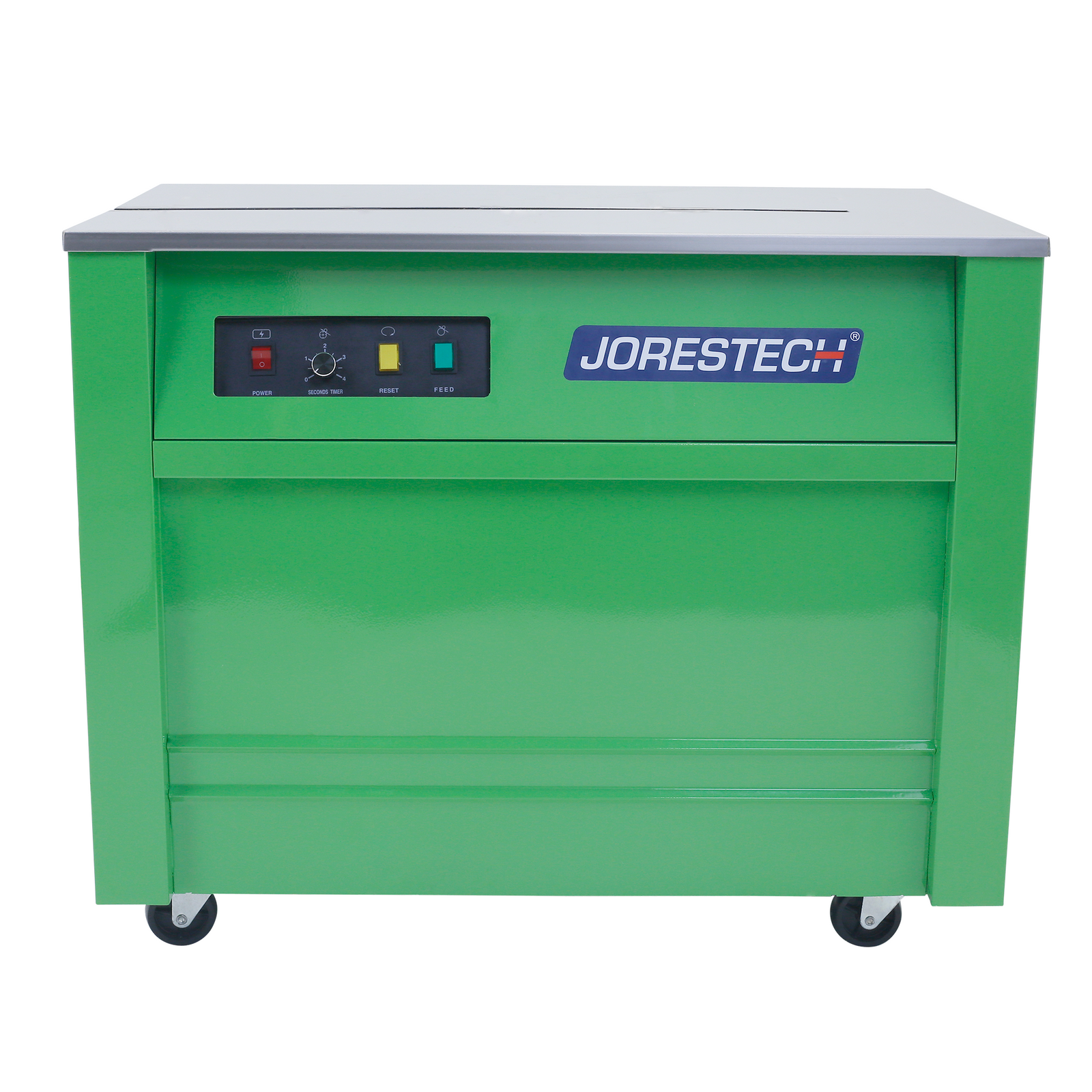 Front view of the green JORES TECHNOLOGIES® poly strapping machine with a stainless steel tabletop and black locking wheels