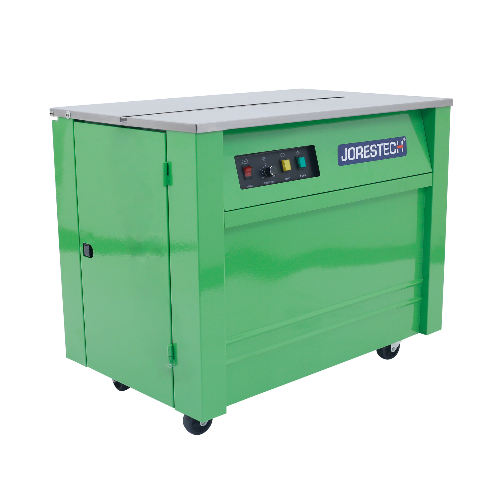 Diagonal view of a green JORES TECHNOLOGIES® semi automatic poly strapping machine with wheels over white background