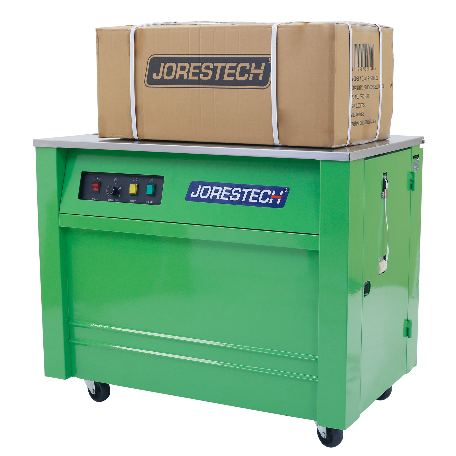  The green JORES TECHNOLOGIES® semi automatic poly strapping machine with a large carton box positioned on top of the machine with 4 poly straps securing the box around